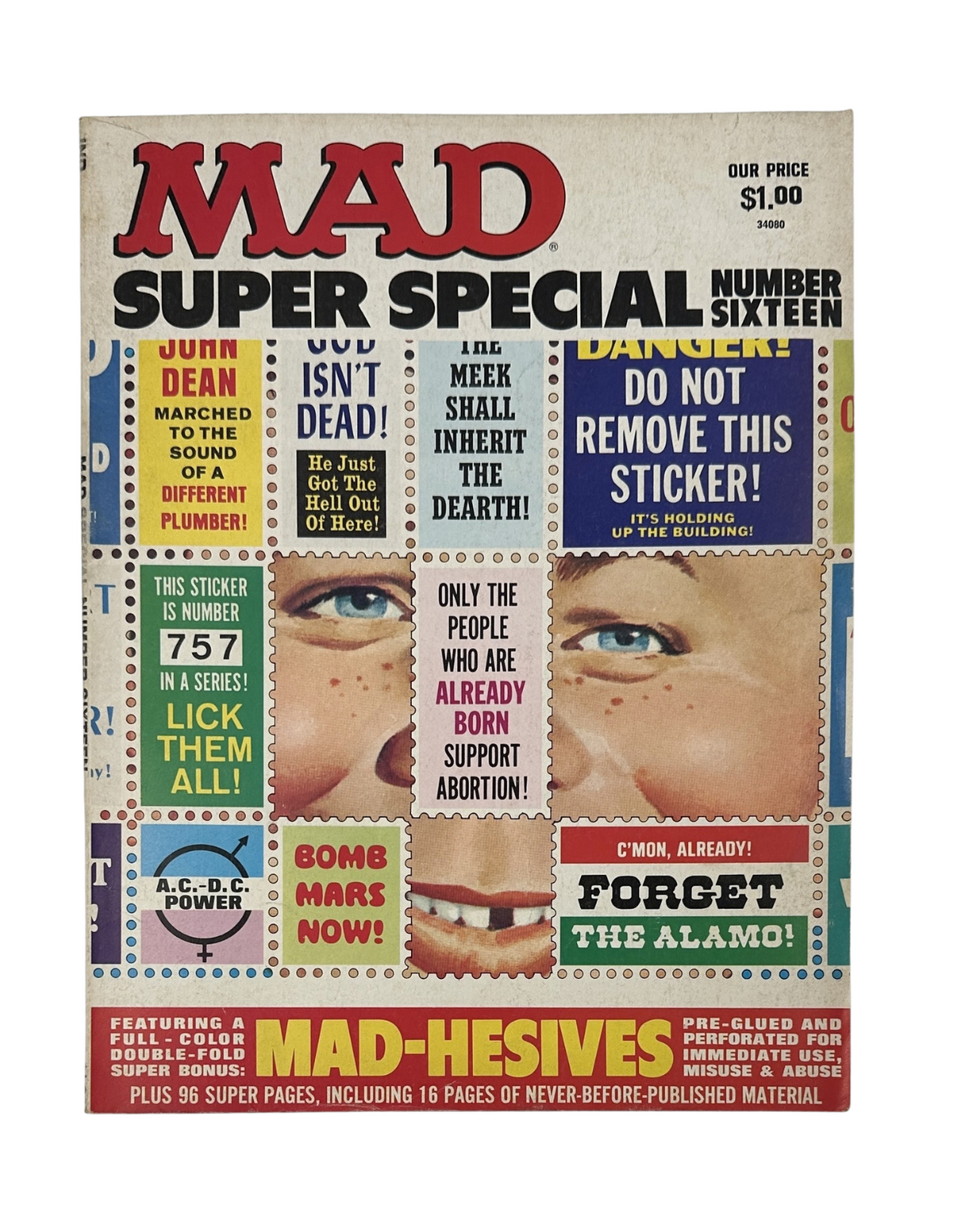Cover of MAD Magazine Super Special No. 16 from 1975 featuring humorous text and illustrations. The magazine highlights the attached MAD-Hesives stickers, emphasizing its vintage appeal.