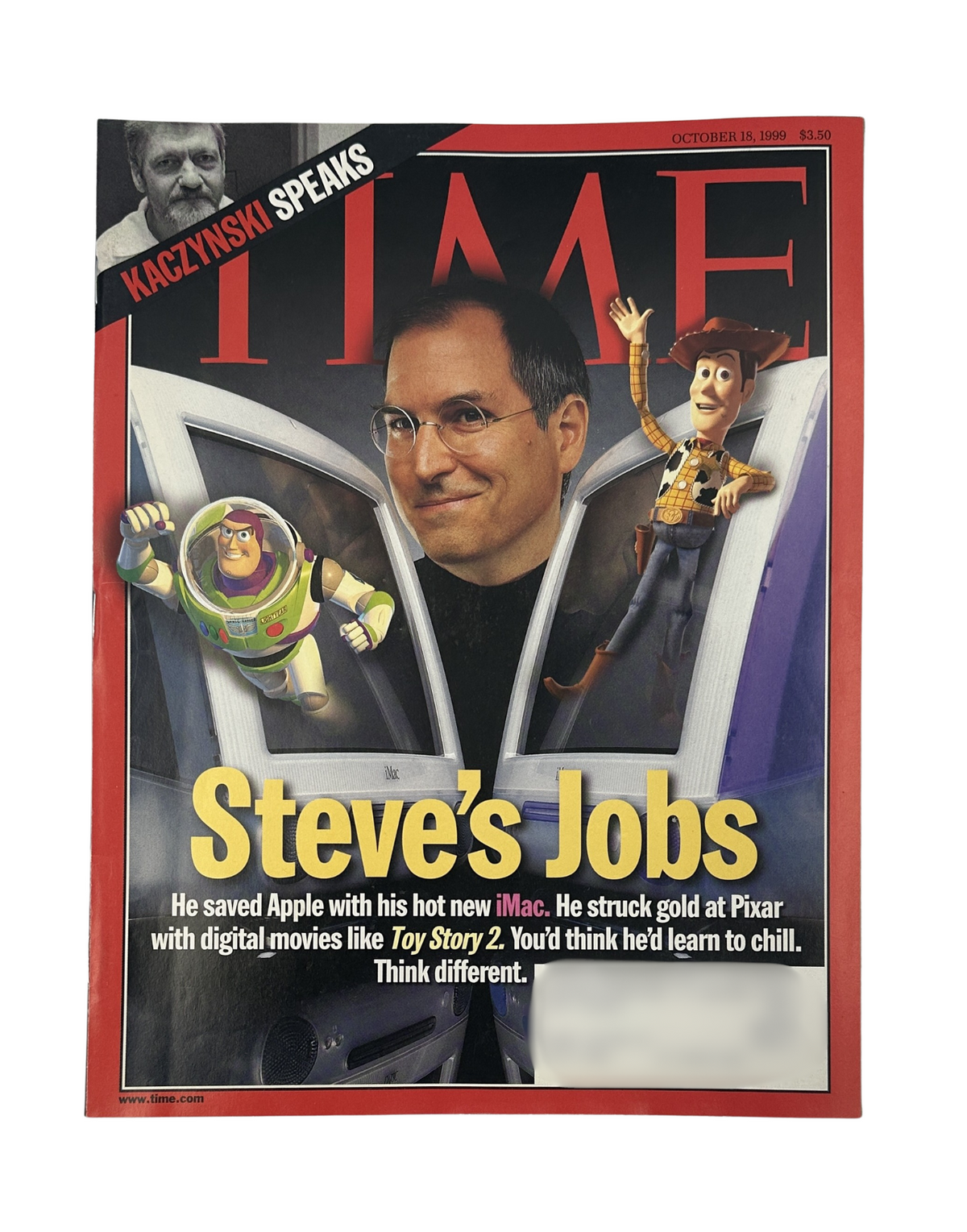 Cover of Time Magazine from October 18, 1999 featuring Steve Jobs, highlighting his work with Apple and Pixar alongside characters Buzz Lightyear and Woody from Toy Story 2, with the headline 'Steve's Jobs'.