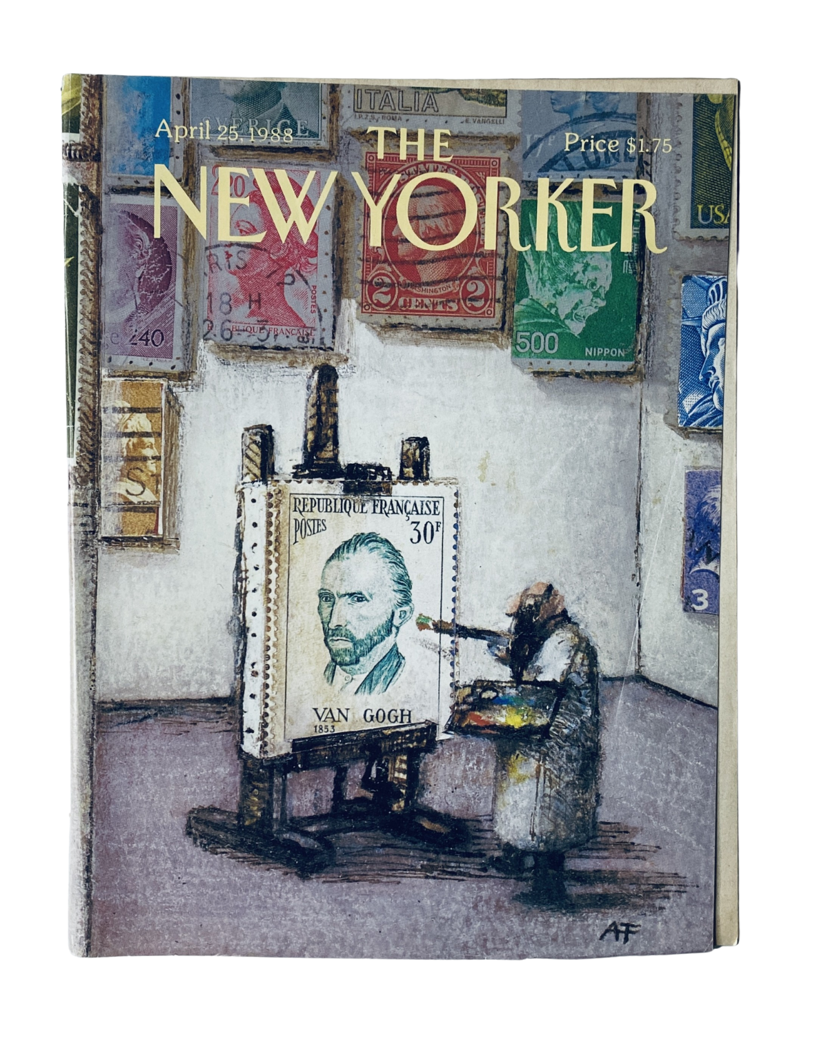 The New Yorker Magazine April 25, 1988 cover featuring a whimsical illustration of the Van Gogh stamp painting, drawn by André François.
