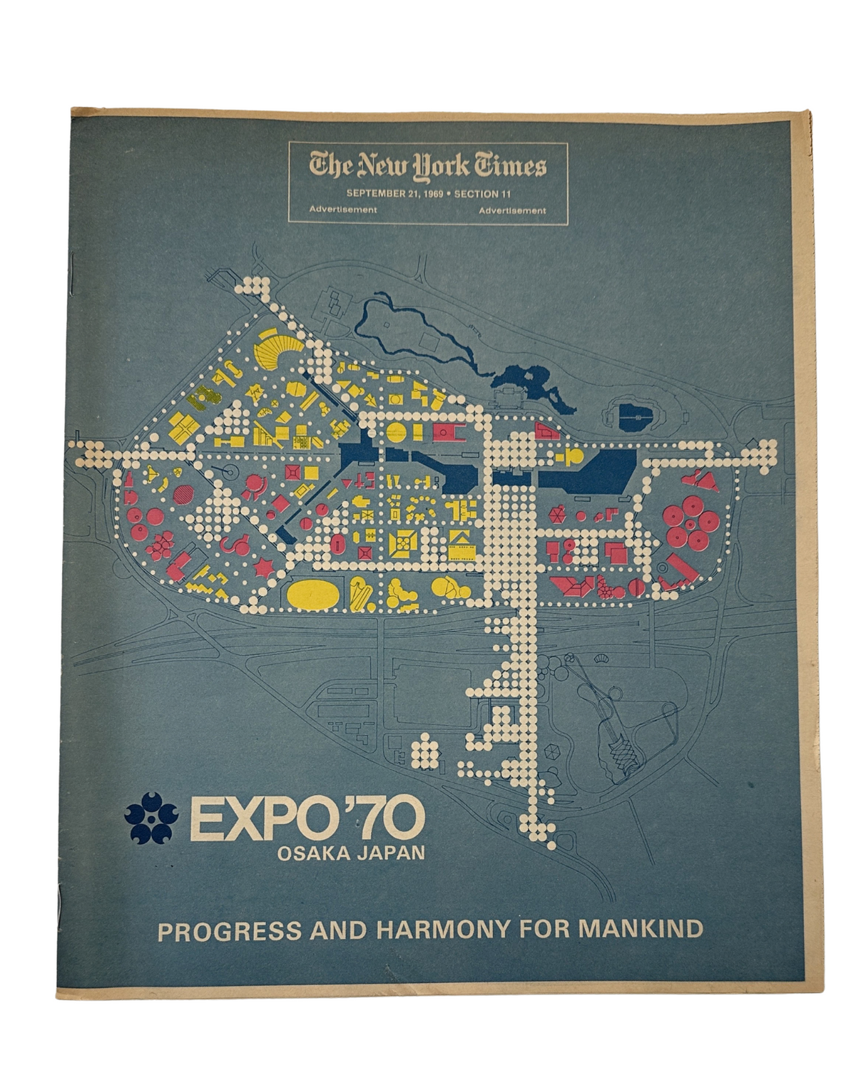 The New York Times Magazine September 21, 1969 featuring the Expo ’70 Osaka Japan Map cover, showcasing a detailed map of the exposition site with colorful layout highlights.