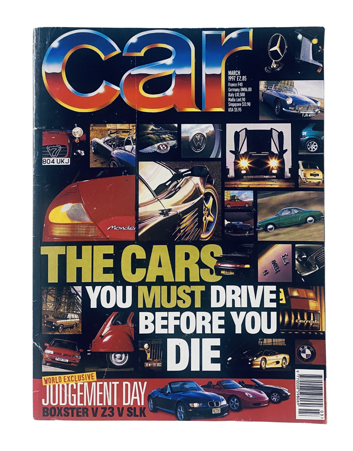 Car Magazine March 1997 cover featuring 'The Cars You Must Drive Before You Die' with images of various iconic automobiles including the Boxster, Z3, and SLK.