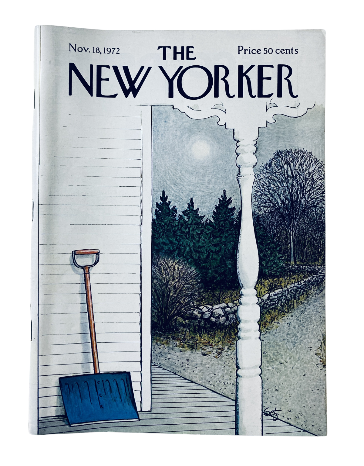 Cover of The New Yorker Magazine dated November 18, 1972 featuring artwork by Arthur Getz, depicting a moonlit scene with a porch and a shovel.