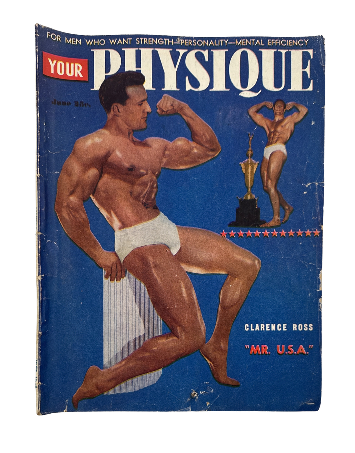 Your Physique Magazine June 1948 cover featuring Clarence Ross, Mr. USA, showcasing a muscular pose with a trophy in the background. This vintage bodybuilding magazine highlights strength and fitness.
