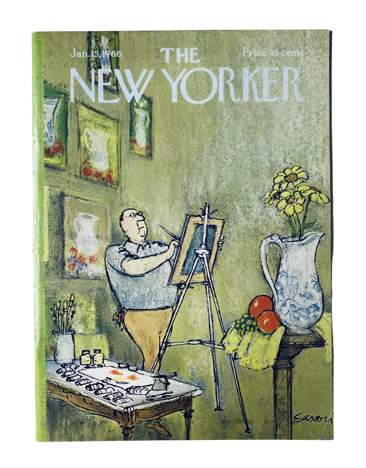 The New Yorker Magazine January 15, 1966, featuring a cover illustration by Charles Saxon depicting a male artist painting in a bright studio filled with artwork and a vase of flowers, emphasizing creativity and art culture.