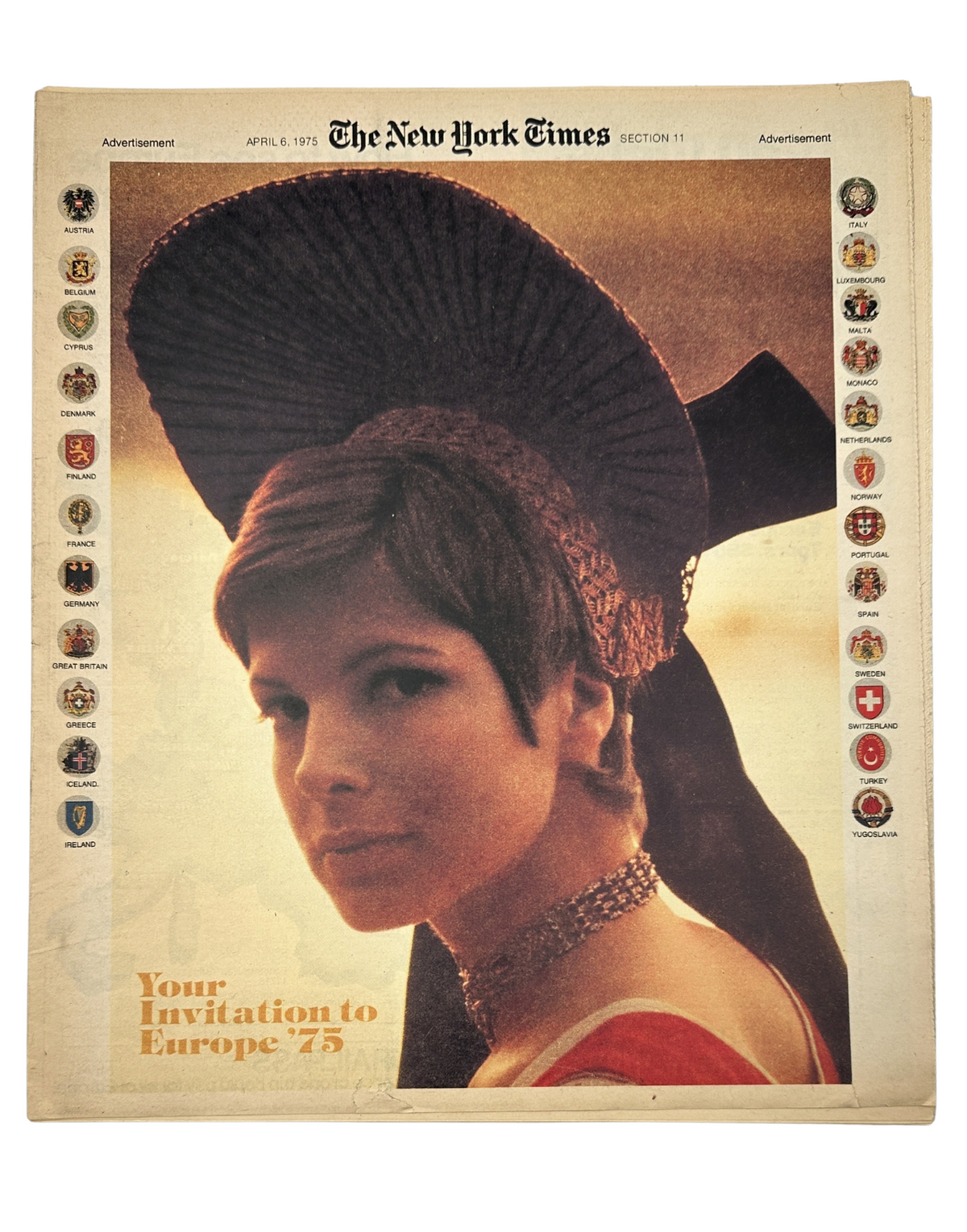 Cover of The New York Times Magazine April 6, 1975 Europe Travel Special Issue featuring a woman wearing traditional European attire.