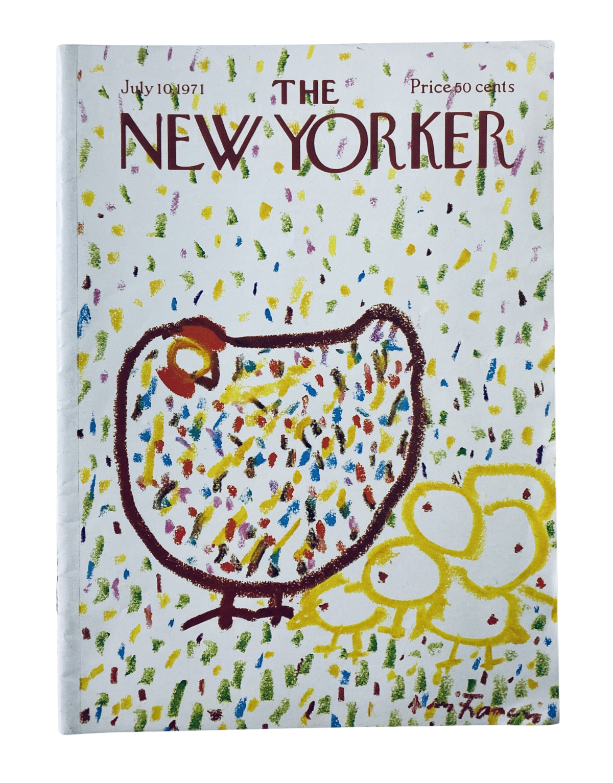Cover of The New Yorker Magazine July 10, 1971 featuring a colorful crayon bird illustration by André François, showcasing a playful and artistic design.