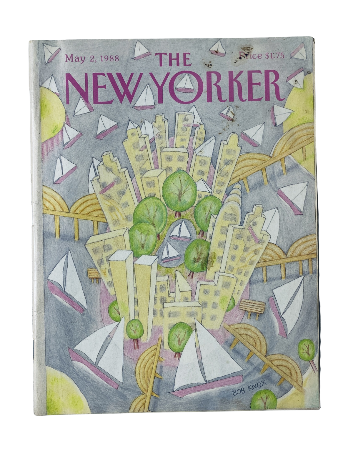 The New Yorker Magazine May 2, 1988 cover featuring an artistic illustration of city sailboats by Bob Knox, highlighting urban life and sailing themes.