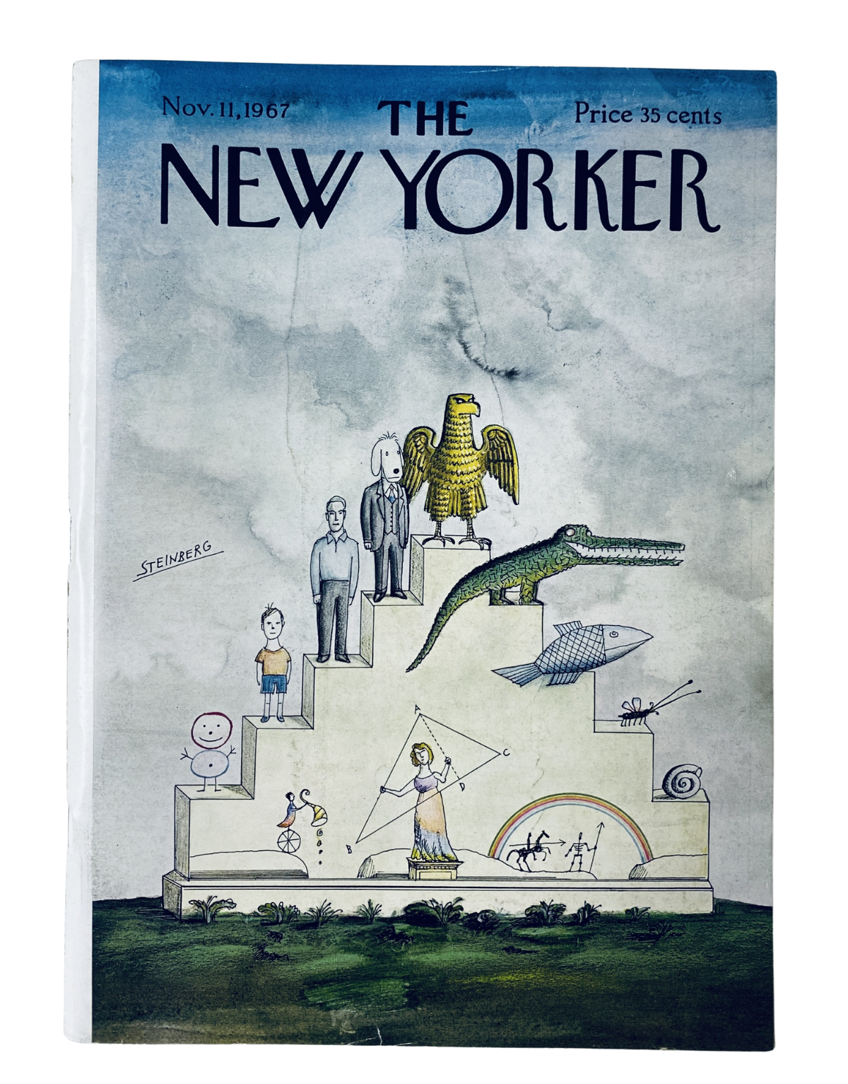 The New Yorker Magazine November 11, 1967 cover featuring a unique Saul Steinberg illustration depicting an evolution theme.