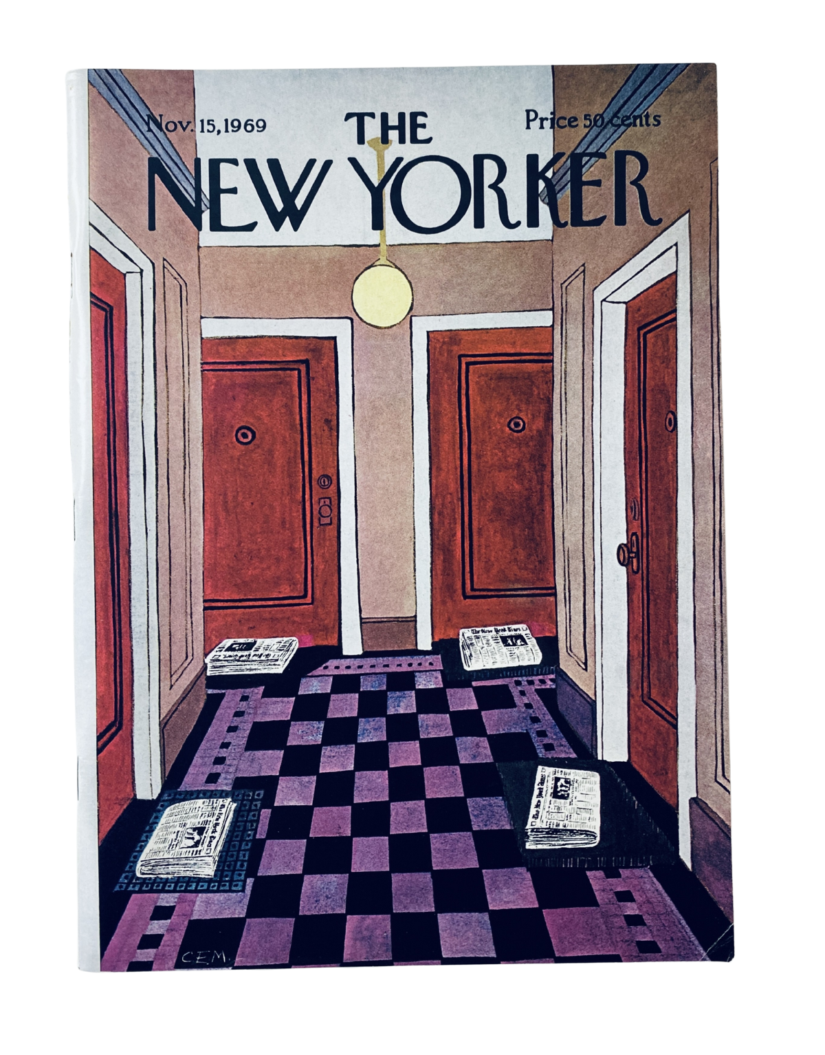 Cover of The New Yorker Magazine November 15, 1969 featuring an illustration of an apartment hallway by Charles Martin.
