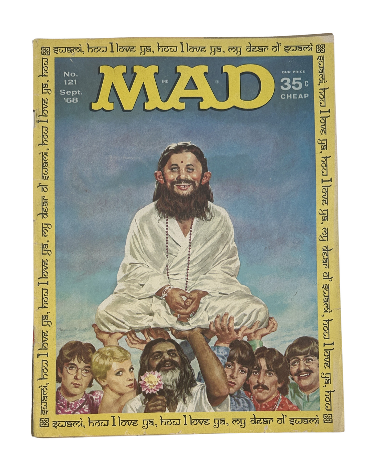 Cover of MAD Magazine No. 121, September 1968, featuring a satirical depiction of a guru surrounded by various characters, with the headline 'MAD' and the price of 35 cents. This issue includes humor related to popular culture and film parodies.