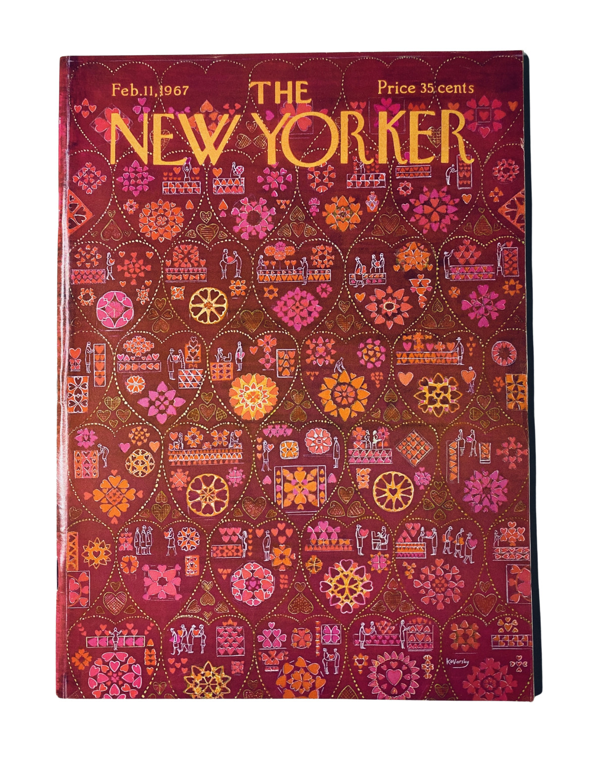Cover of The New Yorker Magazine dated February 11, 1967, featuring an artistic design of Valentine hearts by A. Kovarsky. The magazine is priced at 35 cents and is noted to be in very good condition, showcasing a vibrant and intricate pattern.