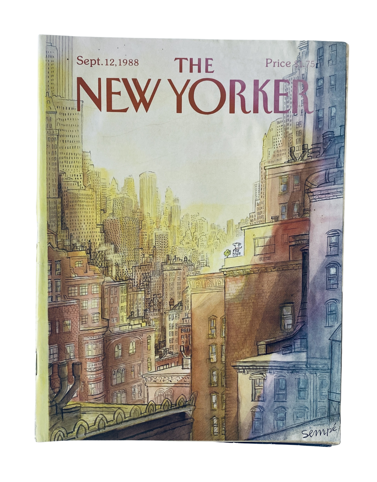 Cover of The New Yorker Magazine from September 12, 1988, featuring a city skyline illustration by J. J. Sempé, showcasing urban buildings with a soft, colorful background.