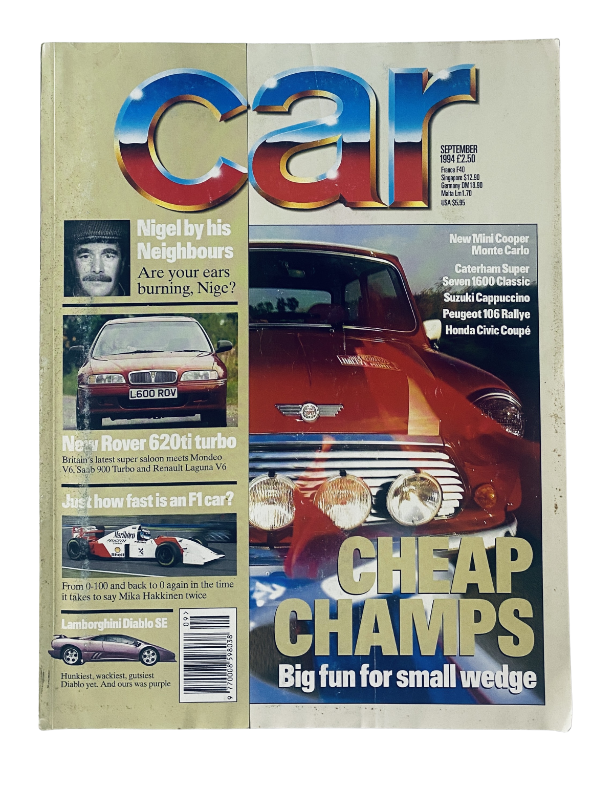 Car Magazine cover for September 1994 featuring the title 'Car Magazine September 1994 Cheap Champs' with highlights on Mini Cooper, Rover 620ti, and Lamborghini Diablo SE.