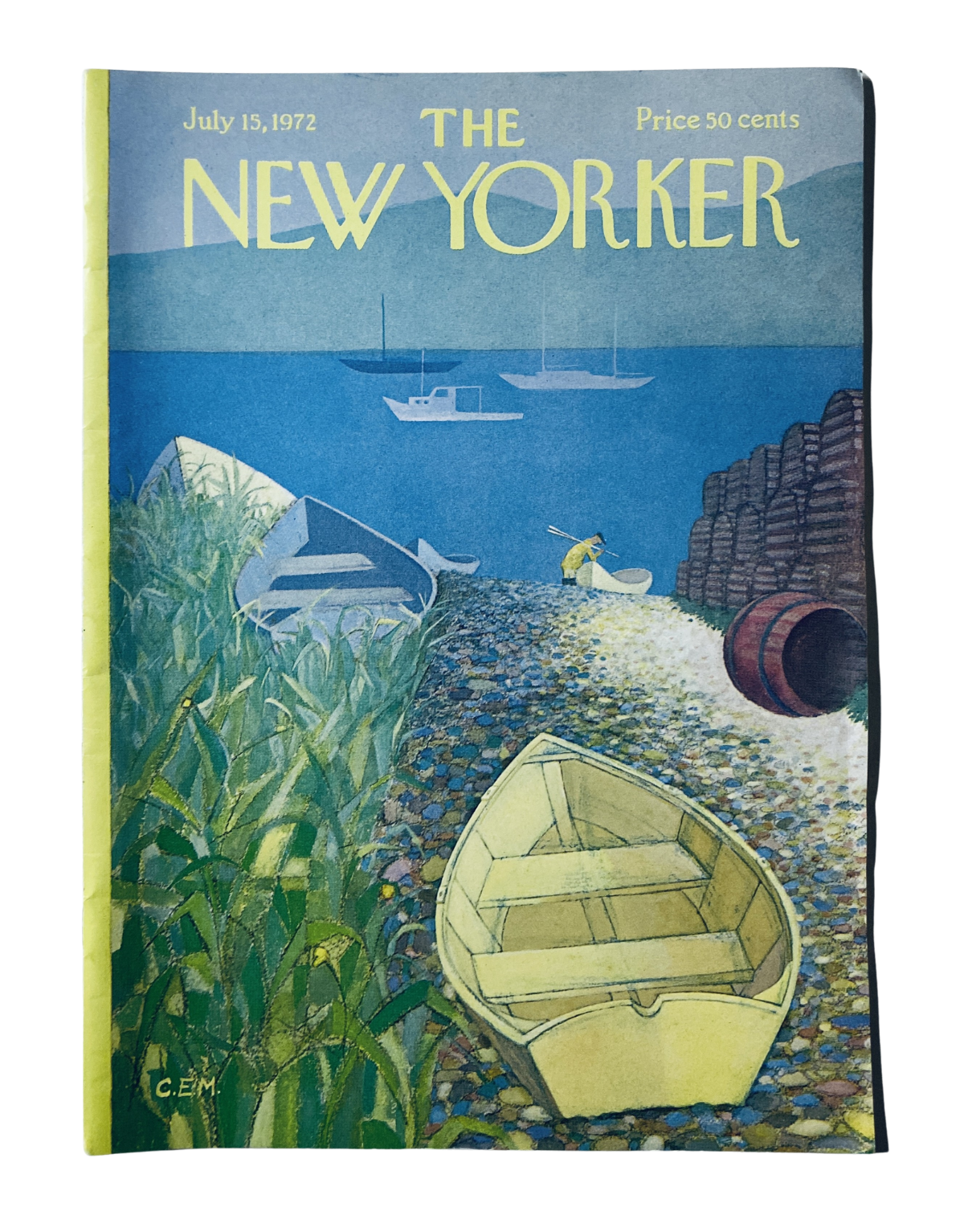 The New Yorker Magazine July 15, 1972 cover featuring a serene shoreline scene with a rowboat, designed by Charles Martin.