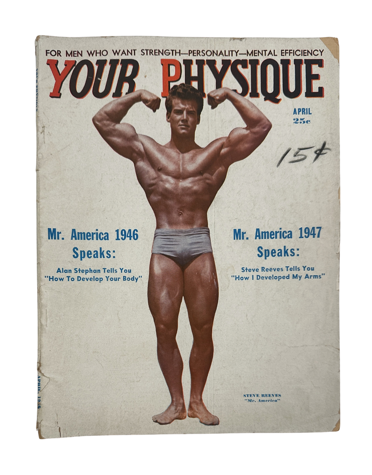 Your Physique Magazine April 1948 featuring Steve Reeves on the cover, showcasing Mr. America 1946 and Mr. America 1947 with a focus on bodybuilding.
