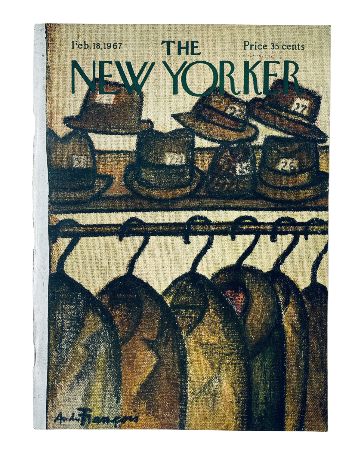 Cover of The New Yorker Magazine February 18, 1967, featuring an artistic depiction of hats and coats on a closet rack, with the title prominently displayed.
