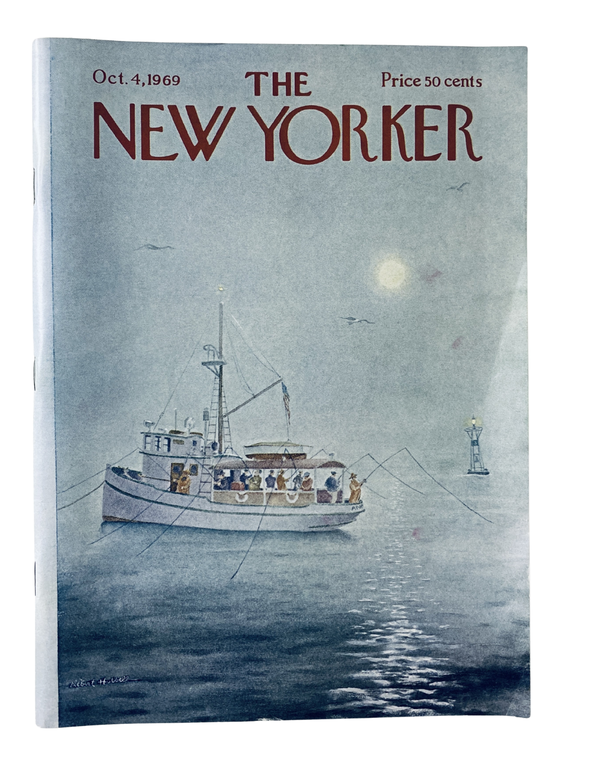 The New Yorker Magazine October 4, 1969 cover featuring a fishing boat at sea, illustrated by A. Hubbell, showcasing tranquil waters and a lighthouse in the background.