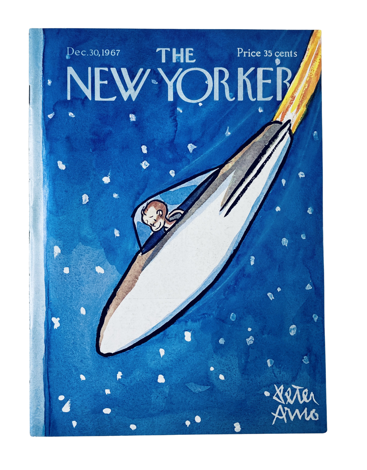 The New Yorker Magazine December 30, 1967 cover illustration featuring a whimsical rocket and a character in space by Peter Arno, showcasing vibrant blue and white colors.