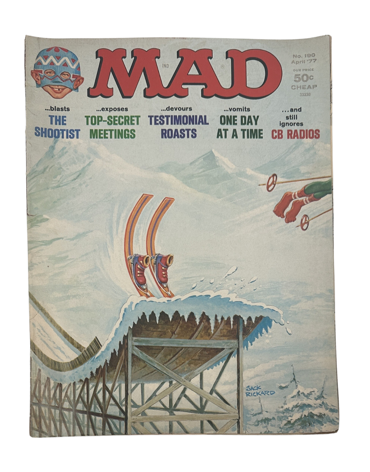 MAD Magazine No. 190 April 1977 cover featuring snow-covered mountains with ski tracks and a humorous illustration of skis on a wooden ramp.