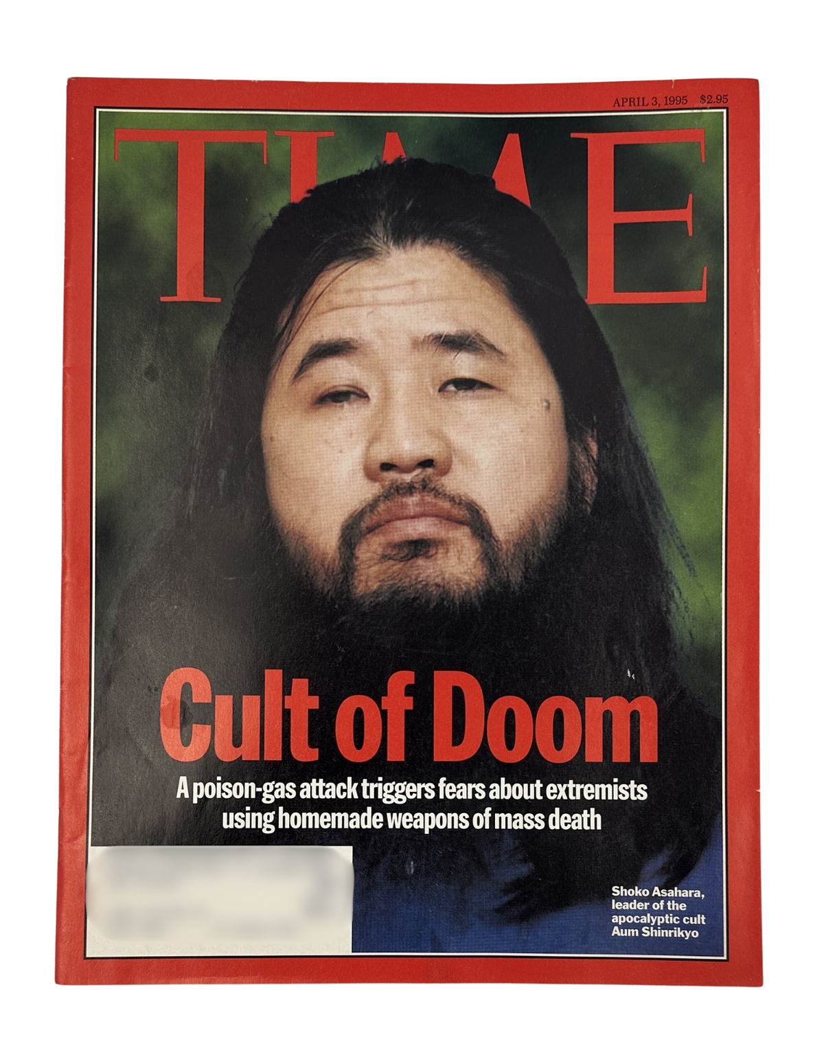 Cover of Time Magazine from April 3, 1995, featuring the title 'Cult of Doom'. The issue highlights Shoko Asahara, the leader of the Aum Shinrikyo cult, regarding the Tokyo subway poison gas attack, exploring themes of extremism and concerns about weapons of mass death.
