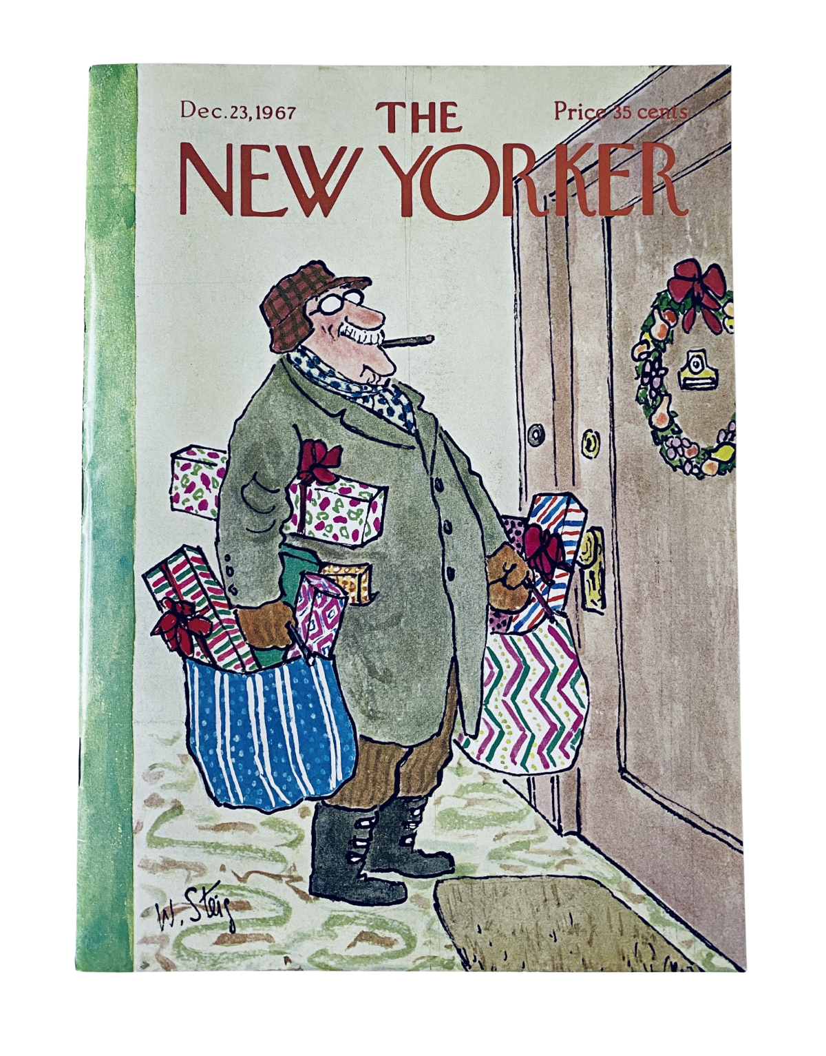 The New Yorker Magazine December 23, 1967 Christmas Holiday Cover featuring a man carrying gifts with a humorous expression, illustrated by W. Steig. Perfect for collectors and holiday enthusiasts.