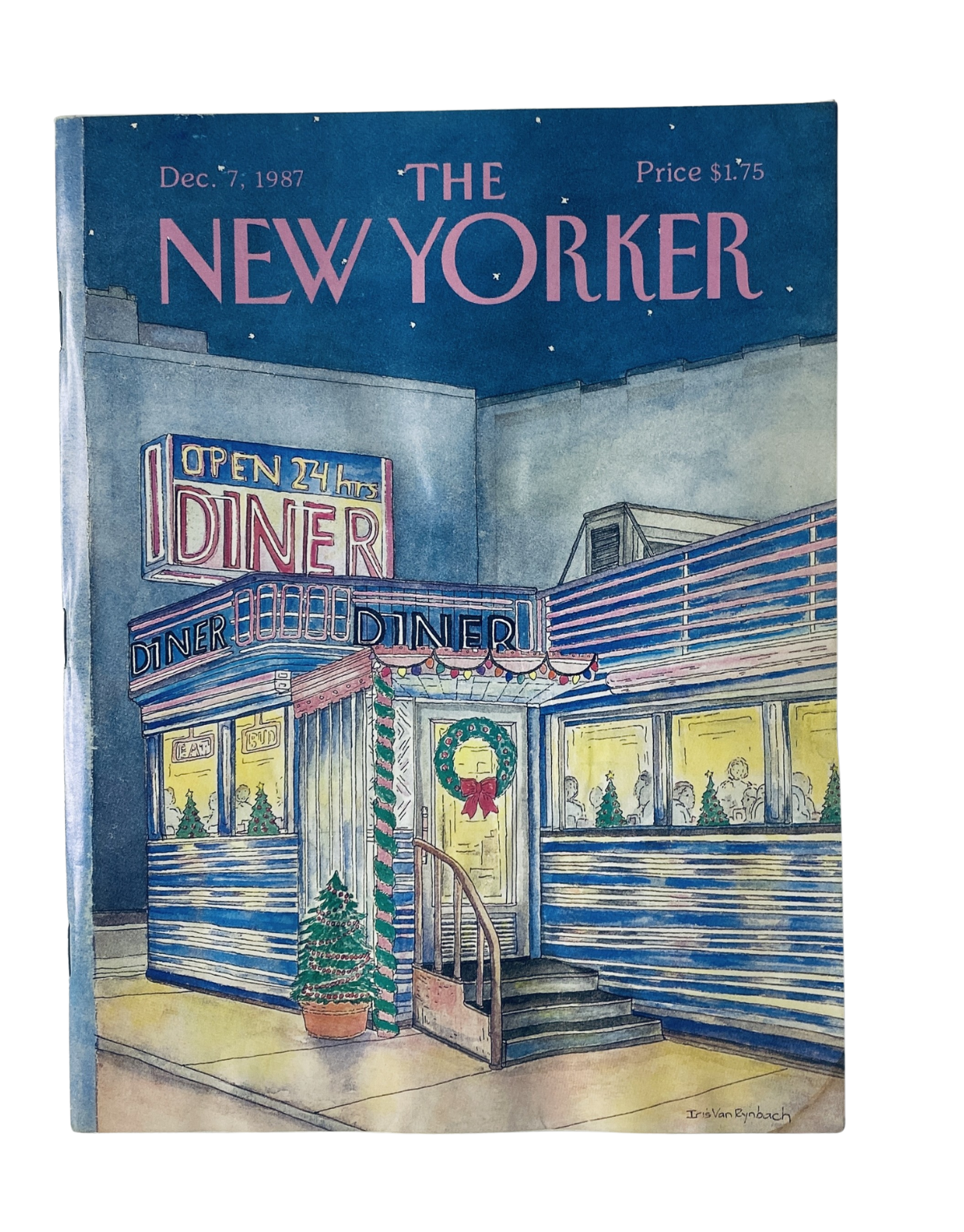 Cover of The New Yorker Magazine December 7, 1987 featuring an illustration of an Open 24 Hours Diner decorated for Christmas with a snowy background.