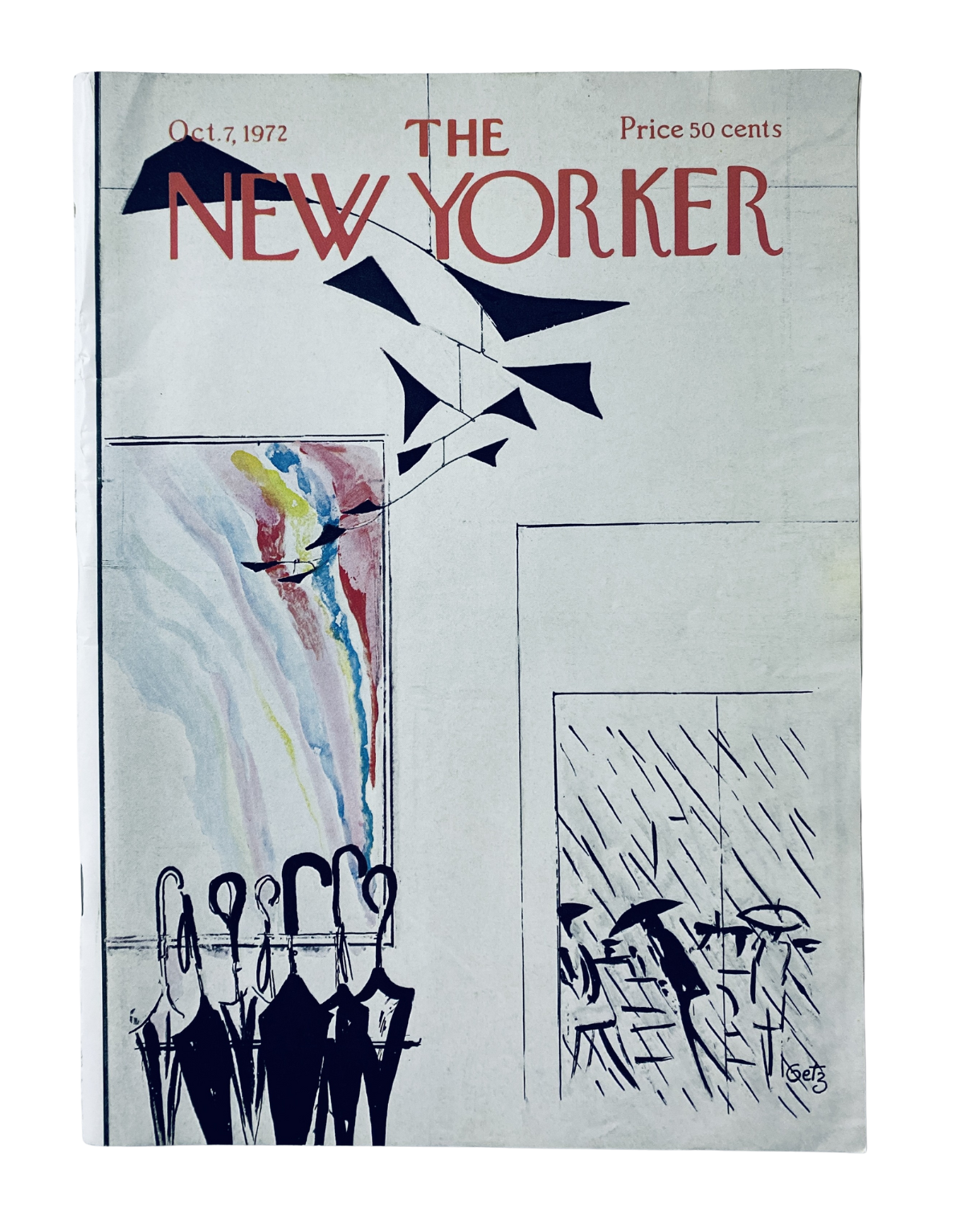 The New Yorker Magazine October 7, 1972 cover featuring an abstract city rain design by Arthur Getz, showcasing artistic elements and vibrant colors.