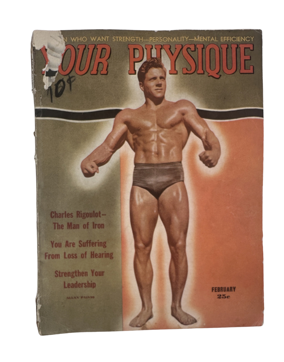 Cover of Your Physique Magazine February 1948 featuring Charles Rigoulot, a muscular man posing in swim trunks, emphasizing strength and fitness. The cover highlights articles about bodybuilding and strength training.