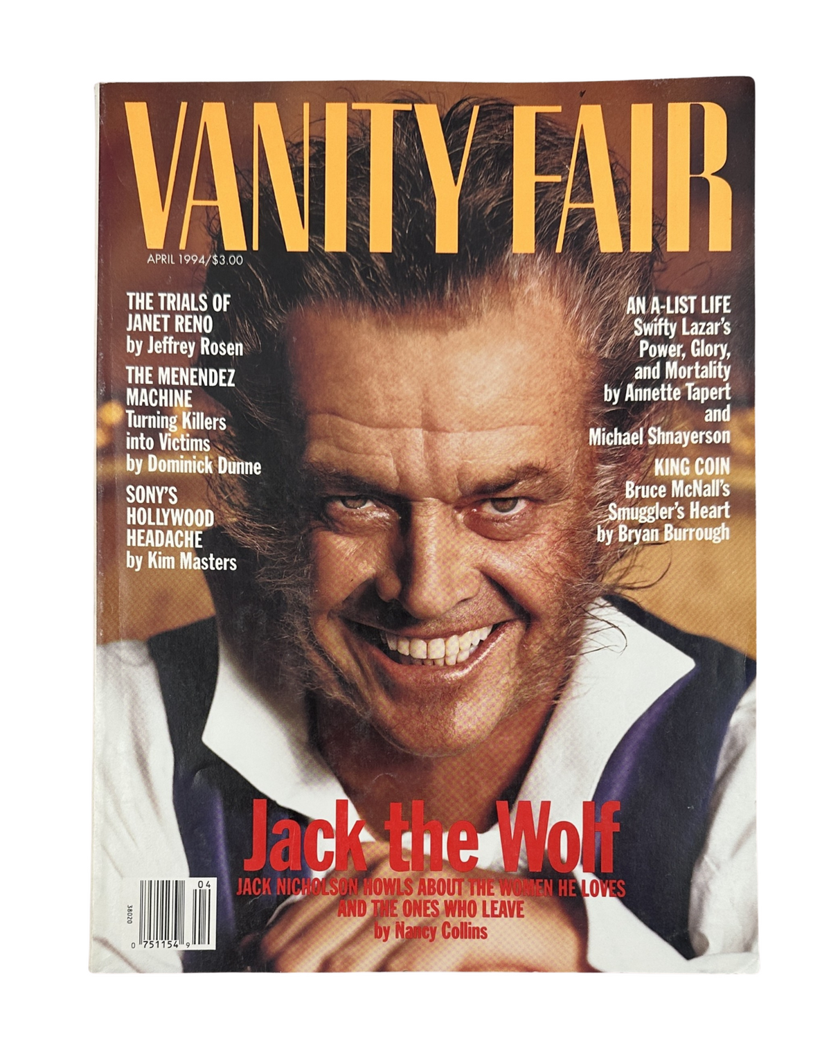 Vanity Fair Magazine April 1994 featuring Jack Nicholson on the cover titled 'Jack the Wolf', showcasing a dramatic portrait of the actor with a fierce expression.