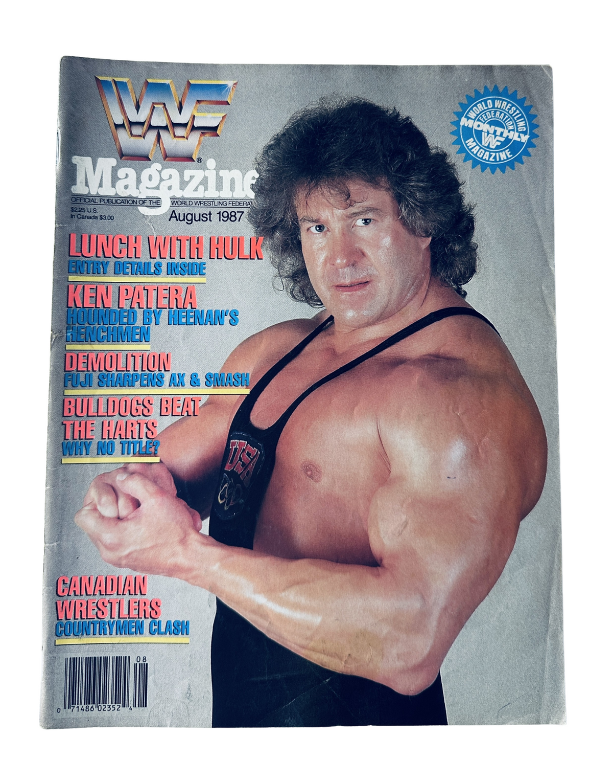 WWF Magazine August 1987 featuring Ken Patera on the cover, showcasing a muscular man in a wrestling pose with an emphasis on the iconic wrestling magazine branding.