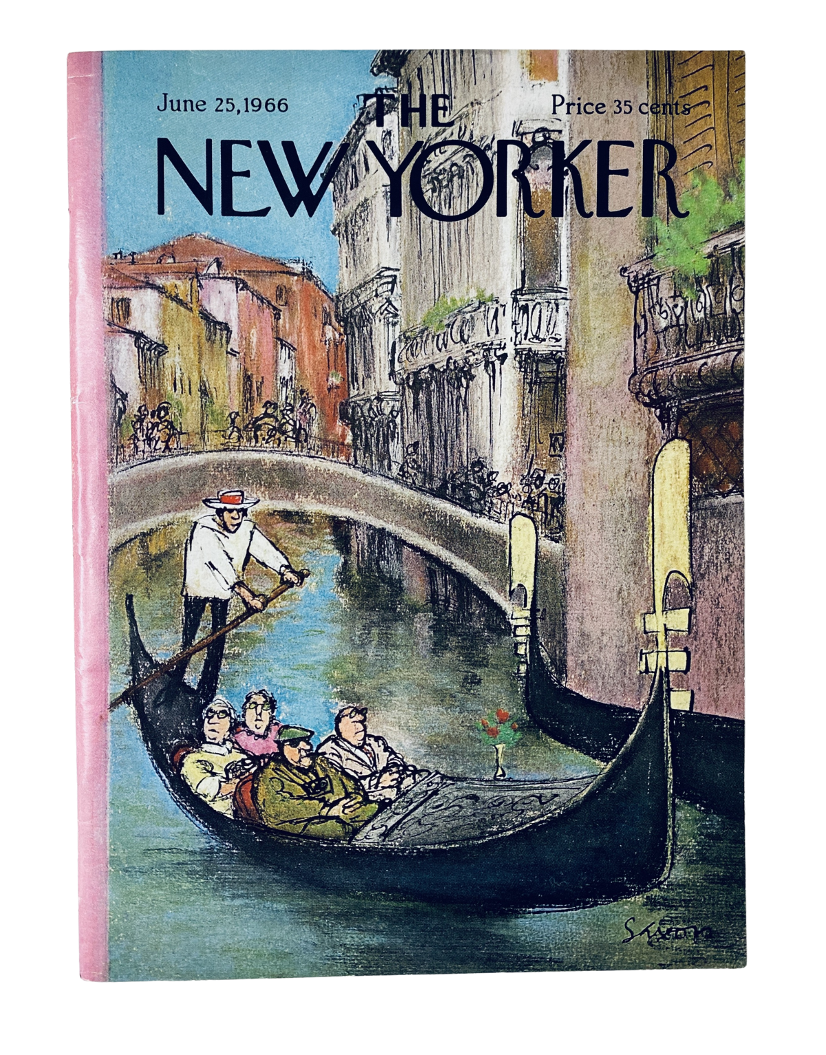 Cover of The New Yorker Magazine dated June 25, 1966, featuring a vibrant illustration of a gondola traversing a canal in Venice, designed by Charles Saxon.