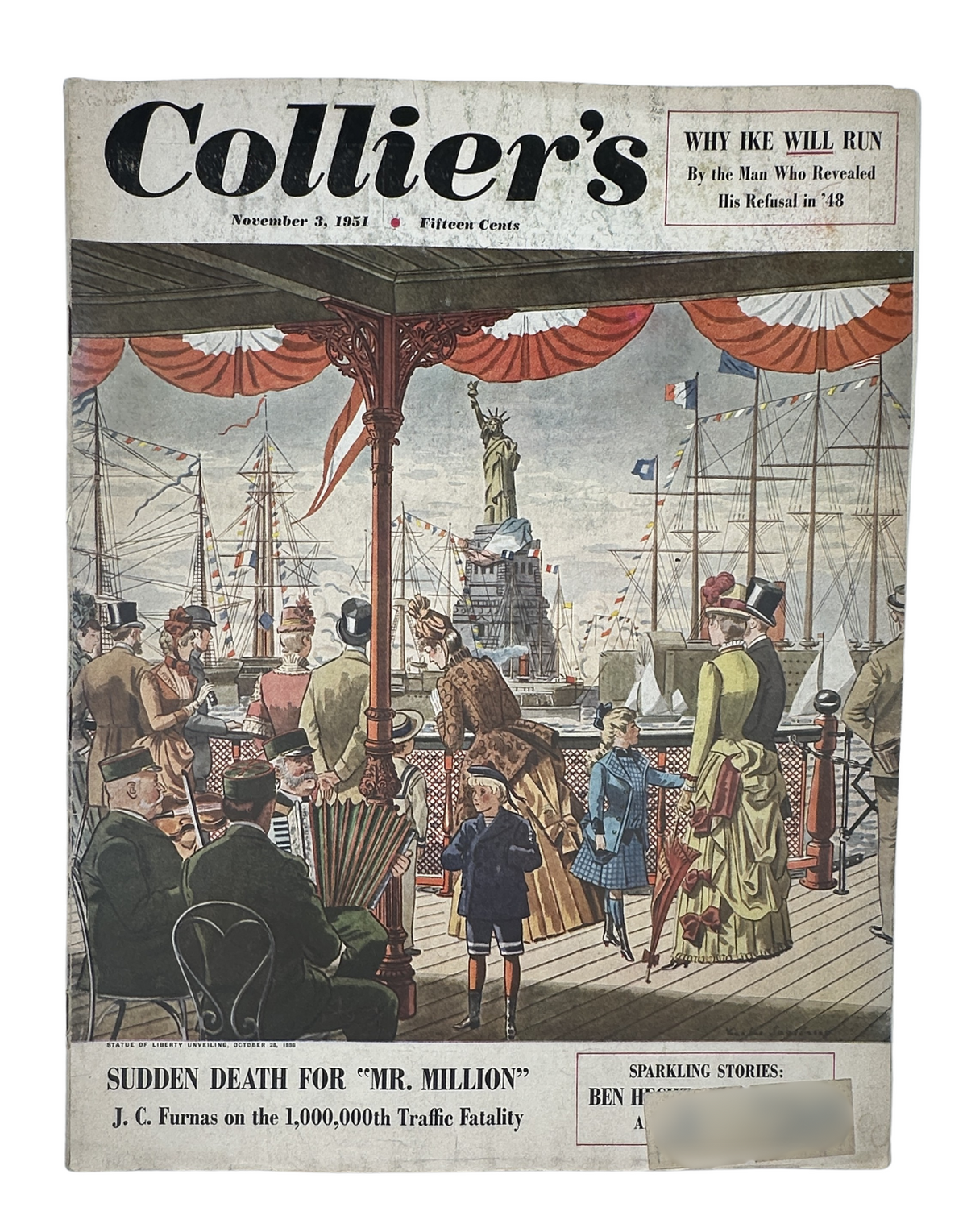 Collier’s Magazine cover from November 3, 1951 featuring the article 'Why Ike Will Run' and a vibrant illustration including the Statue of Liberty, signifying the topics covered within.