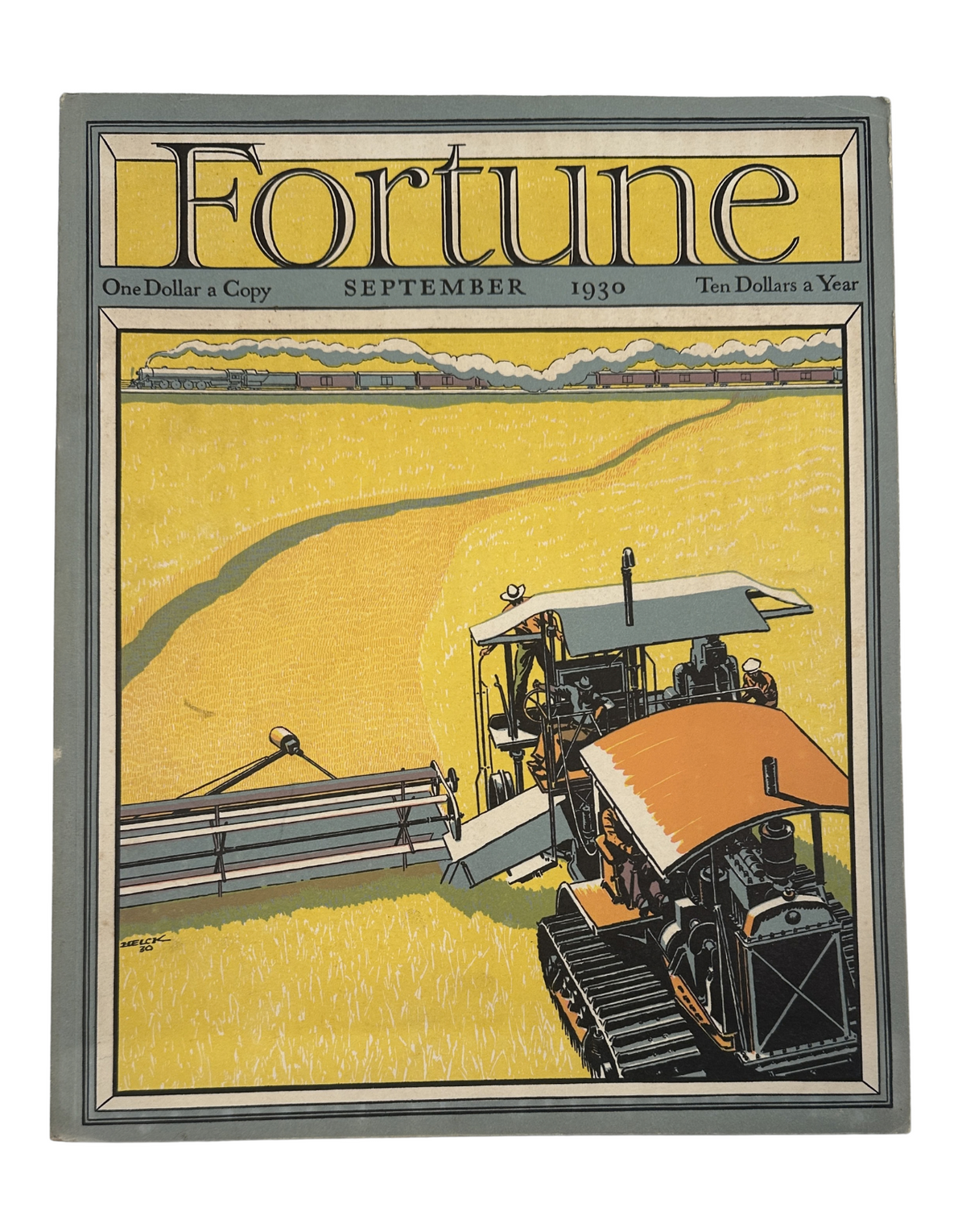 Fortune Magazine September 1930 cover featuring a vibrant illustration of a wheat harvest tractor in a field, highlighting agricultural machinery. This vintage magazine's cover showcases the theme of farming and includes branding for AT&T and golfer Bobby Jones.