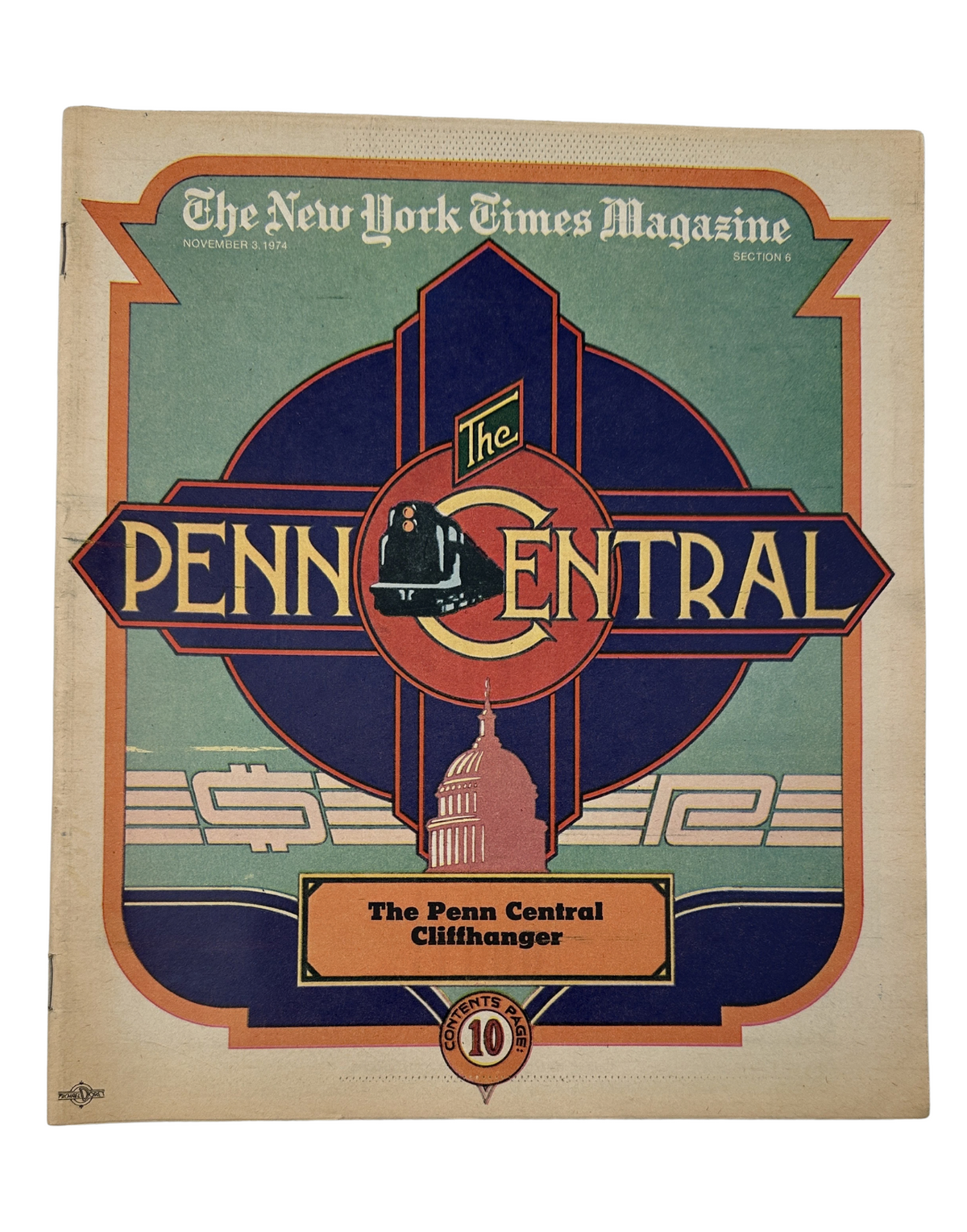 The New York Times Magazine from November 3, 1974, featuring a colorful cover highlighting the Penn Central Cliffhanger story, showcasing art deco design elements and a striking illustration.