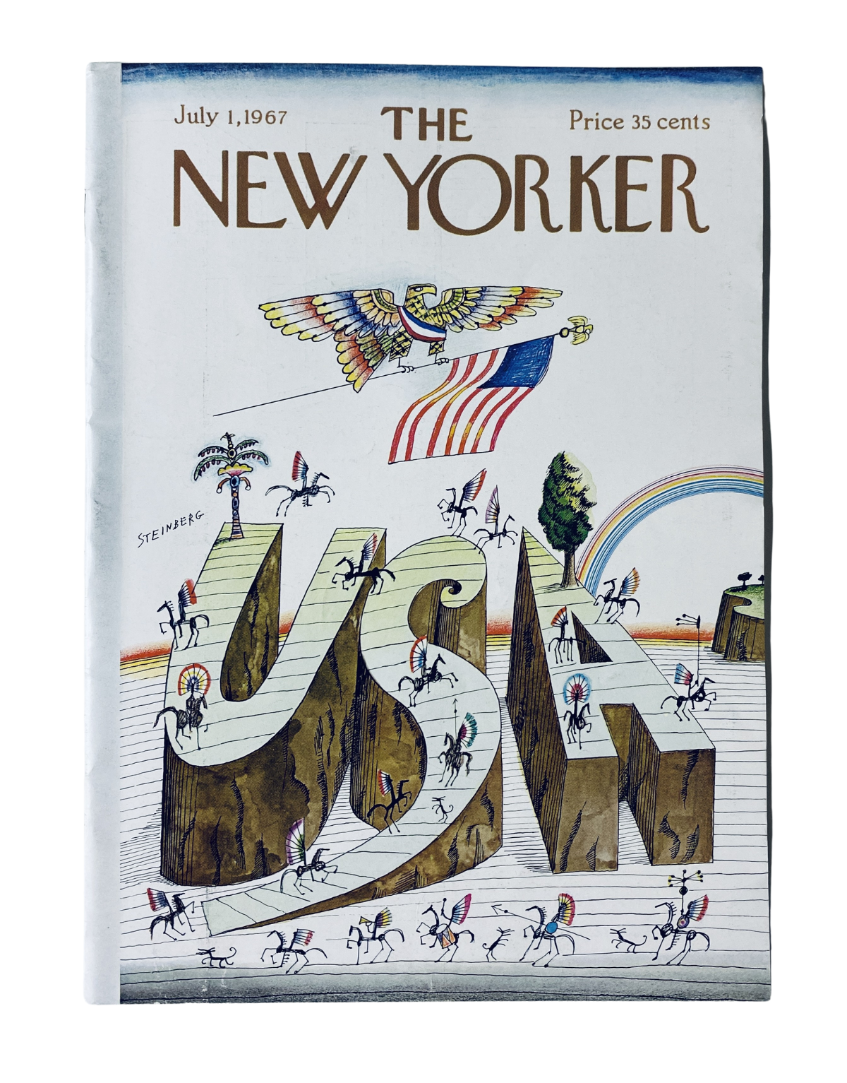 The New Yorker Magazine July 1, 1967 Saul Steinberg USA Illustration Cover - A vibrant and artistic cover featuring the United States with an eagle, rainbow, and figures referencing American culture.