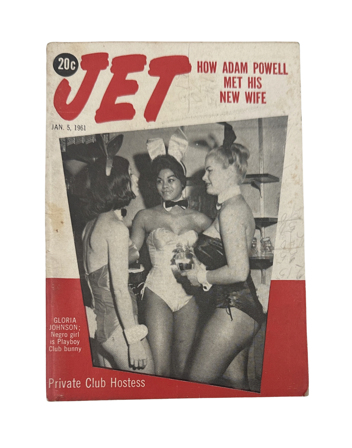 Cover of Jet Magazine January 5, 1961 featuring Adam Powell and Gloria Johnson, showcasing Gloria Johnson as a Playboy bunny in a private club setting.