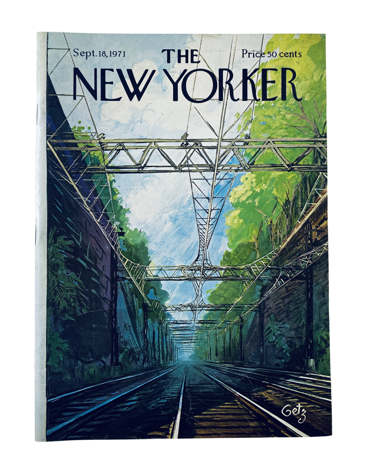 Cover of The New Yorker Magazine, September 18, 1971 featuring a railroad tracks illustration by Arthur Getz, showcasing lush greenery and an overhead perspective.