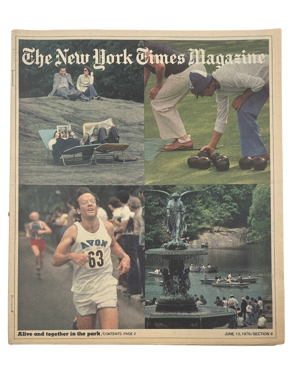 The New York Times Magazine June 13, 1976 cover featuring a collage of Central Park life: people relaxing on the grass, playing lawn bowls, and jogging, with a fountain scene, highlighting the theme 'Alive and together in the park.'