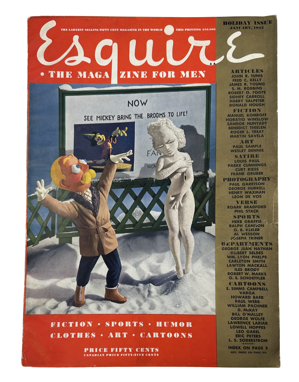 Esquire Magazine January 1942 cover featuring a colorful illustration of a character with a clown-like face and a sculpture, showcasing Varga Esky and Galatea design, with the title 'Esquire: The Magazine for Men'.