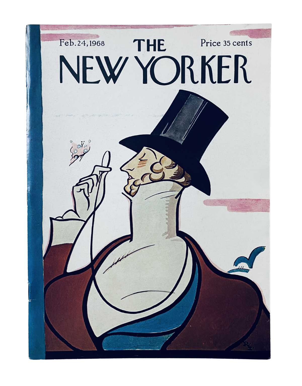 The New Yorker Magazine February 24, 1968 cover featuring a whimsical illustration of a man in a top hat, showcasing the unique artistic style of R. Irvin.