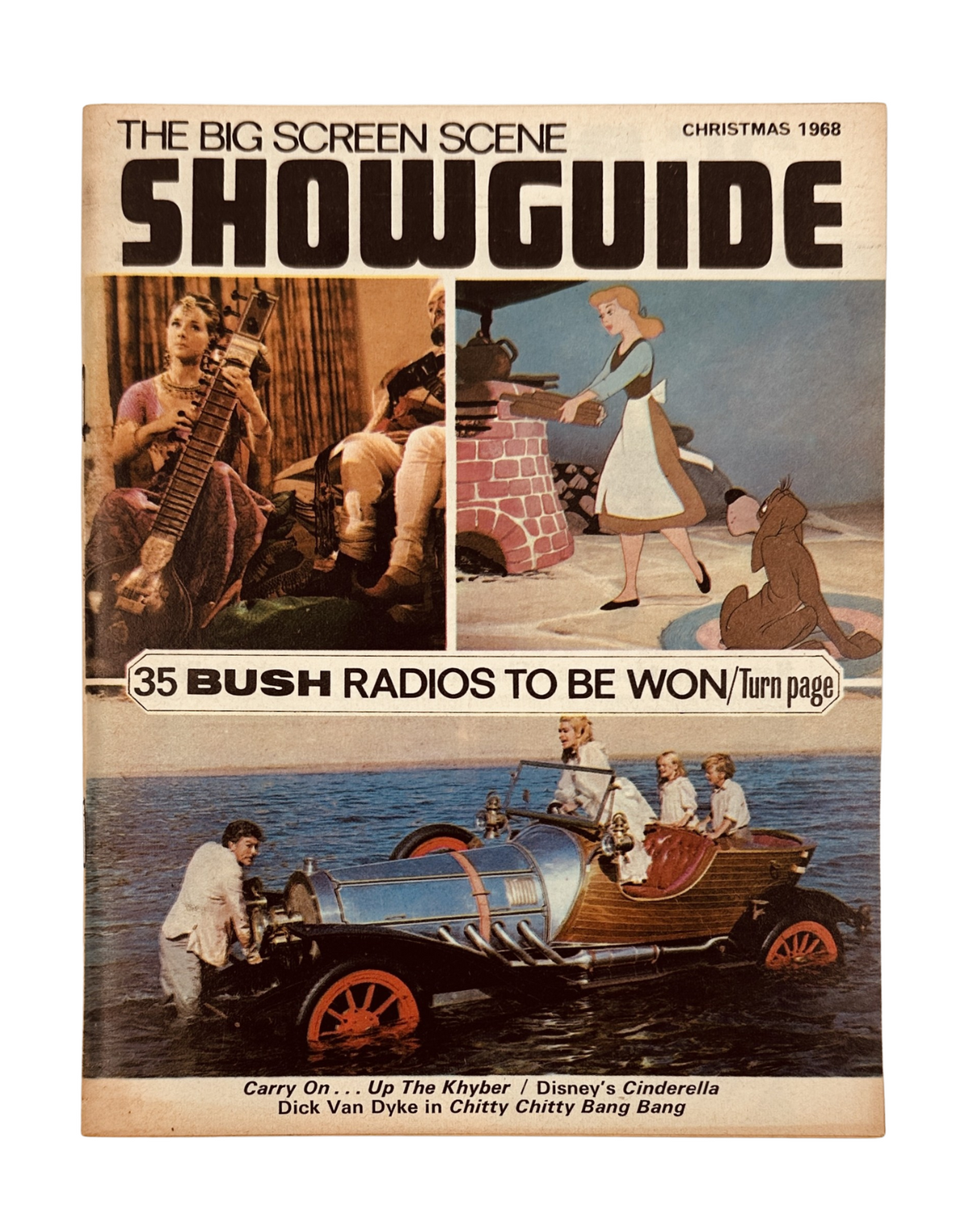Showguide Magazine Christmas 1968 featuring Disney's Cinderella and Chitty Chitty Bang Bang on the cover, showcasing classic family cinema.