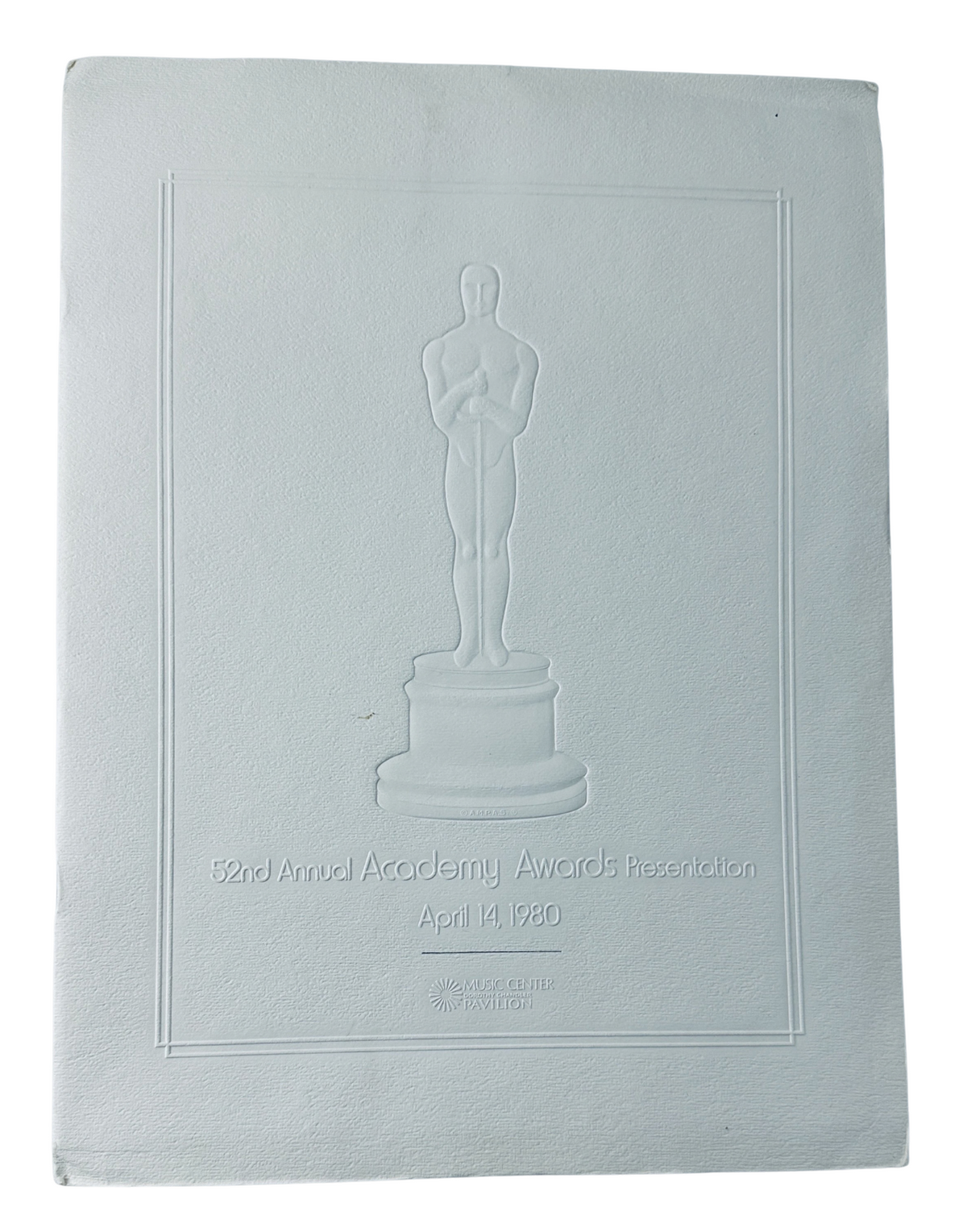 Cover of the 52nd Annual Academy Awards Magazine from April 14, 1980, featuring an embossed image of the Oscar statuette and the title '52nd Annual Academy Awards Presentation'.