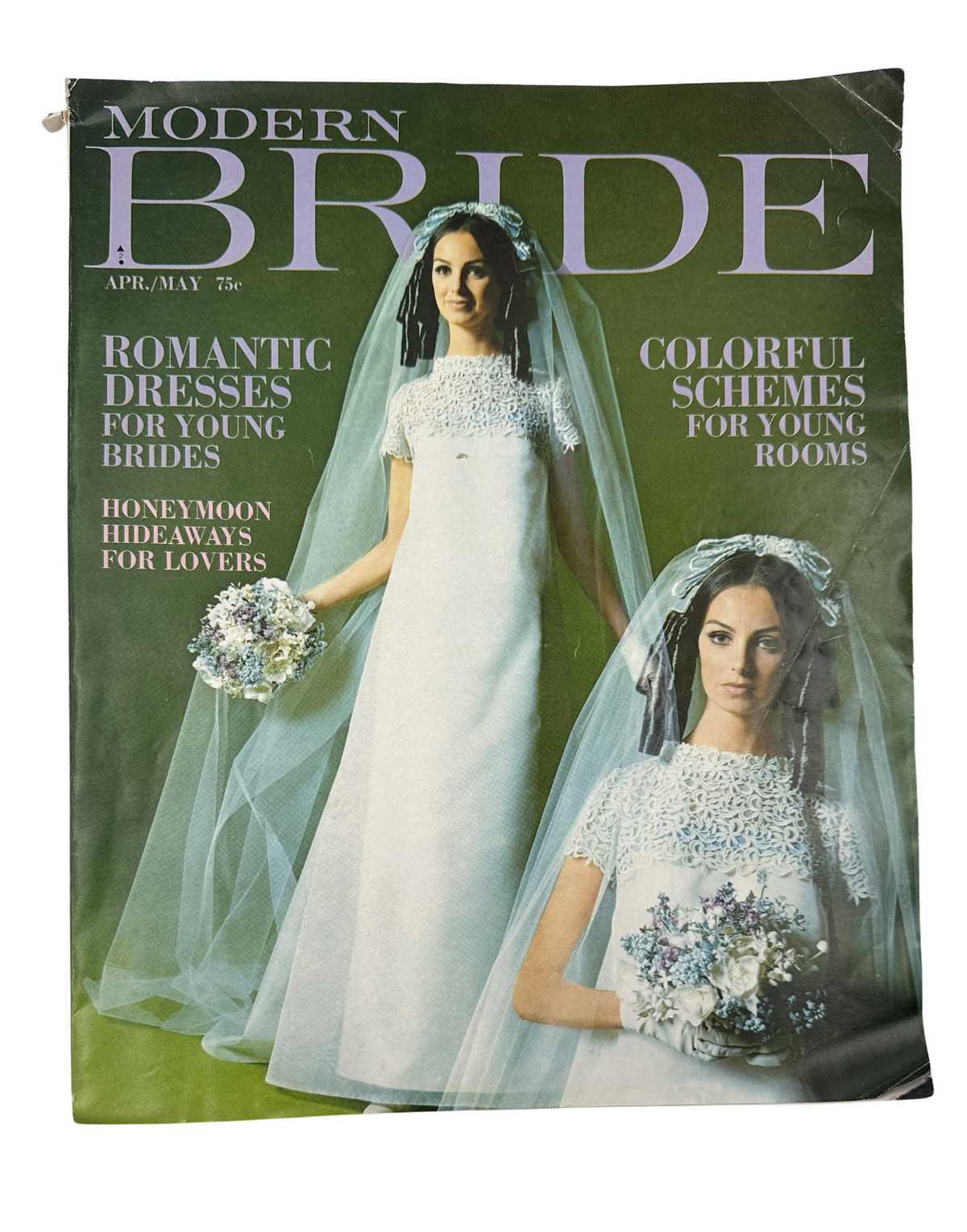Cover of Modern Bride Magazine April/May 1968 featuring brides in romantic dresses and colorful floral arrangements, highlighting honeymoon hideaways.