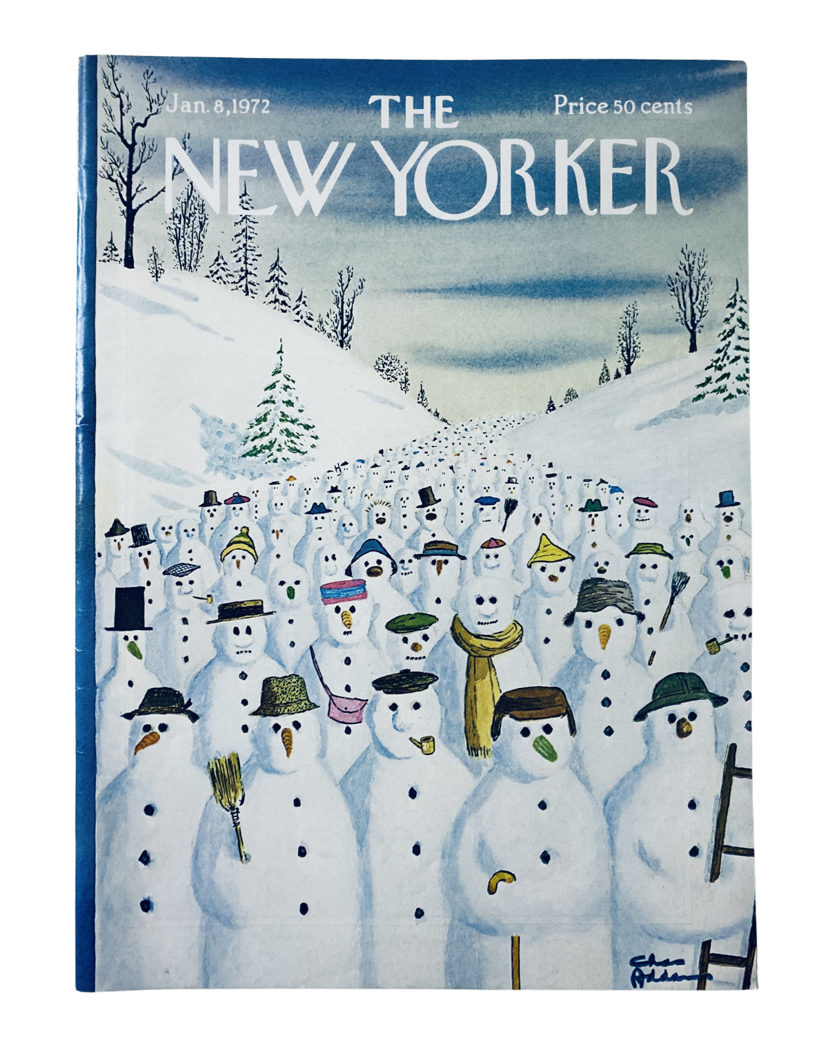 Cover of The New Yorker Magazine January 8, 1972, featuring an illustration by Charles Addams depicting a crowd of snowmen in a winter landscape.
