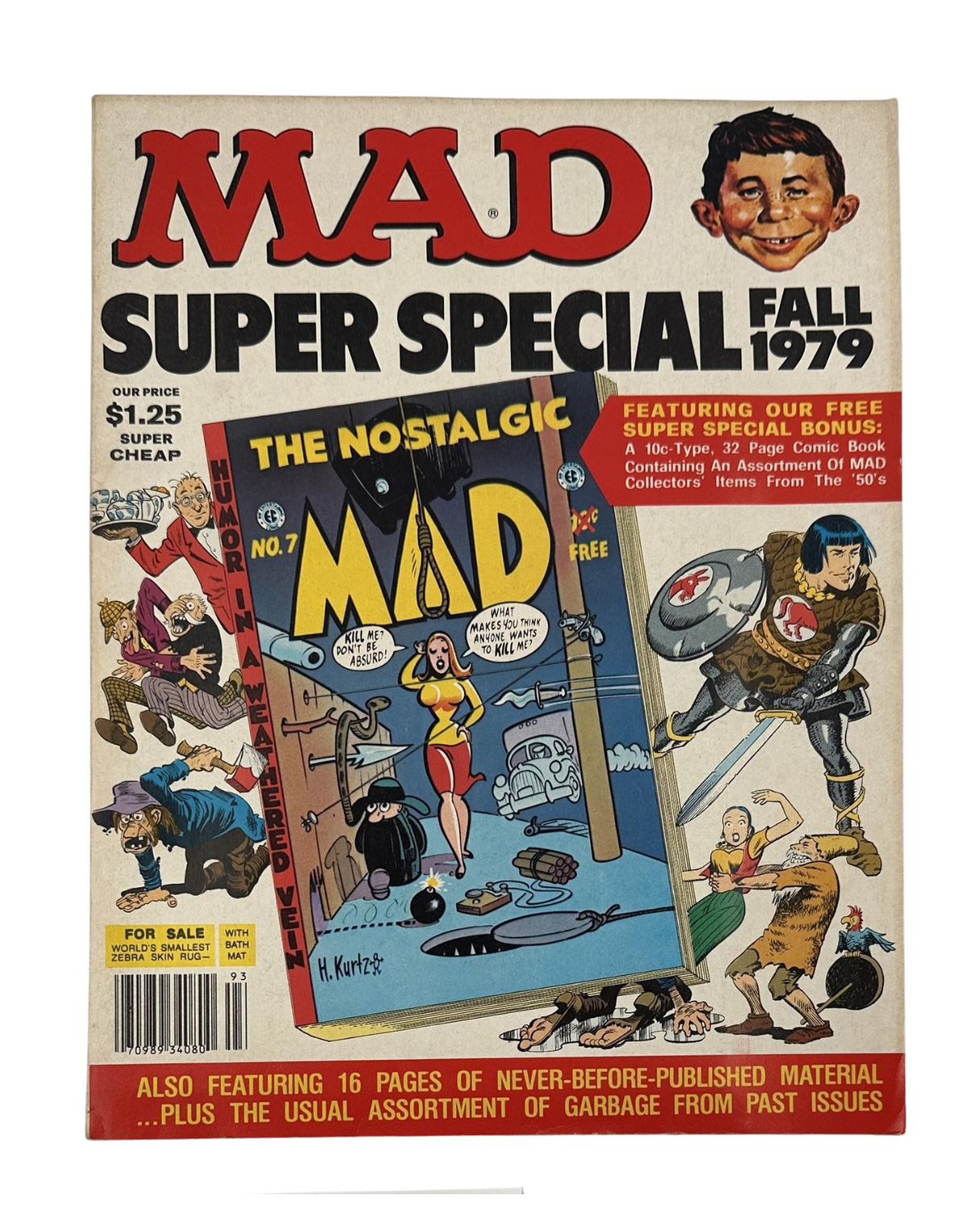 Cover of MAD Magazine Super Special No. 28 from Fall 1979 featuring colorful artwork and characters, including a nostalgic theme and a promotional note for the free super special bonus.