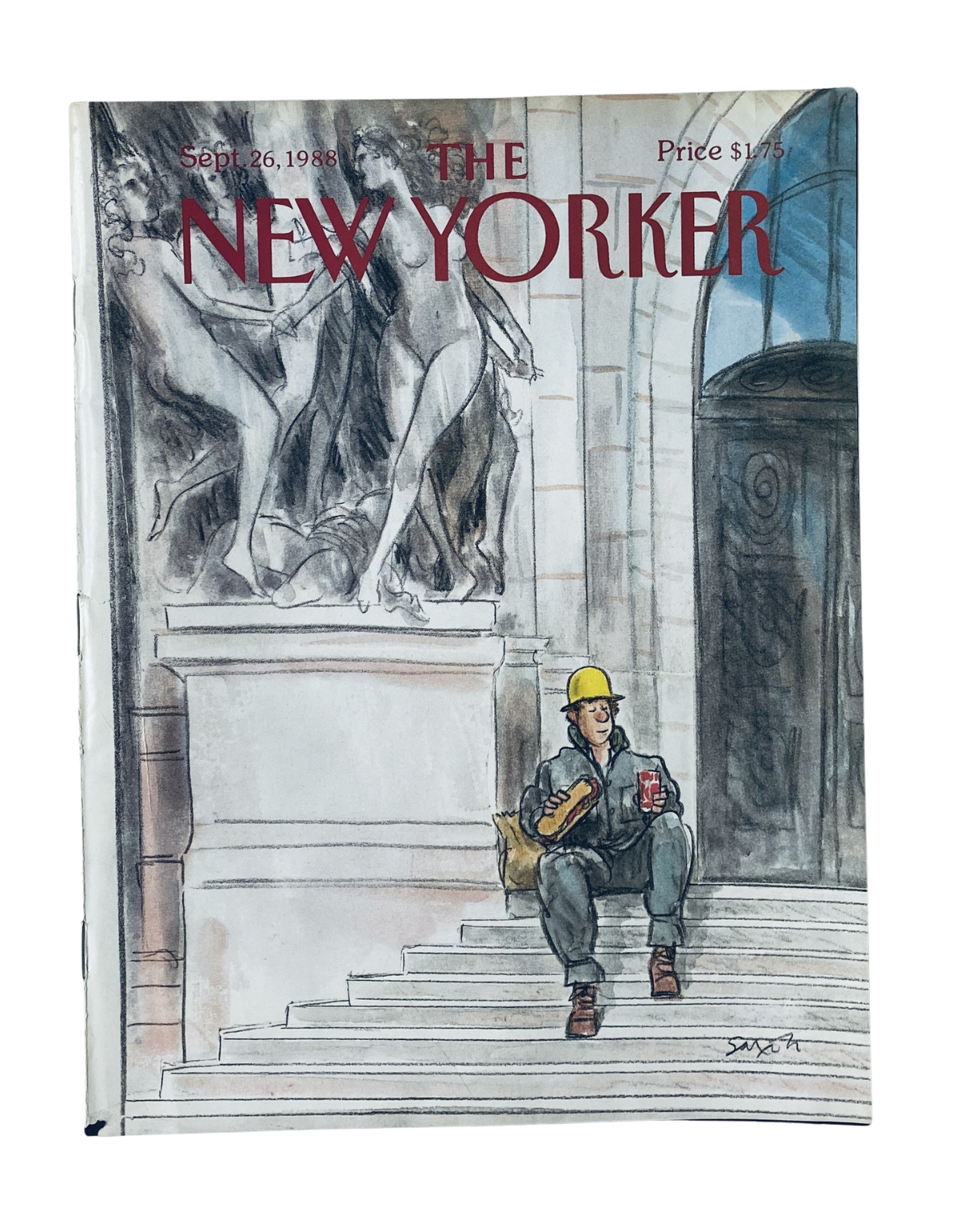 Cover of The New Yorker Magazine from September 26, 1988, featuring a Charles Saxon illustration of a man sitting on steps with food and drink.
