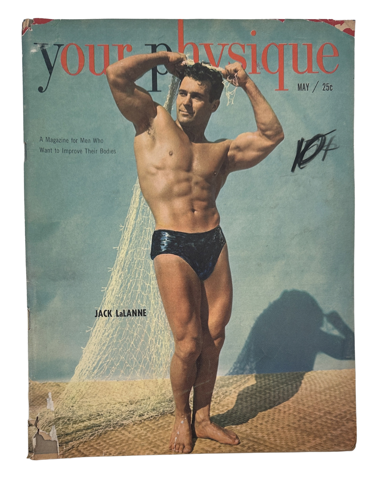 Your Physique Magazine May 1950 featuring Jack LaLanne on the cover, showcasing a muscular man posing by the beach, representing fitness and bodybuilding culture.