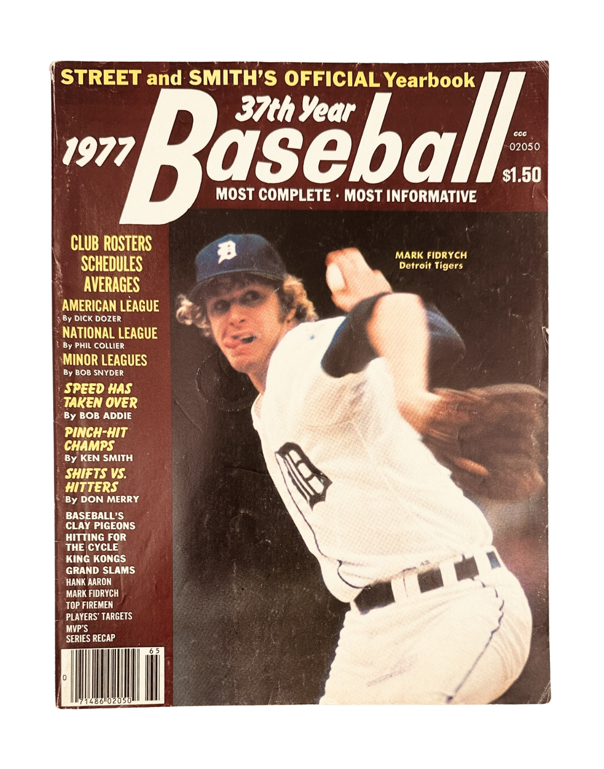Cover of Street and Smith’s Baseball Magazine 1977 Yearbook featuring Mark Fidrych of the Detroit Tigers. The magazine showcases baseball rosters, schedules, and averages, highlighting it as the 37th yearbook in this series.