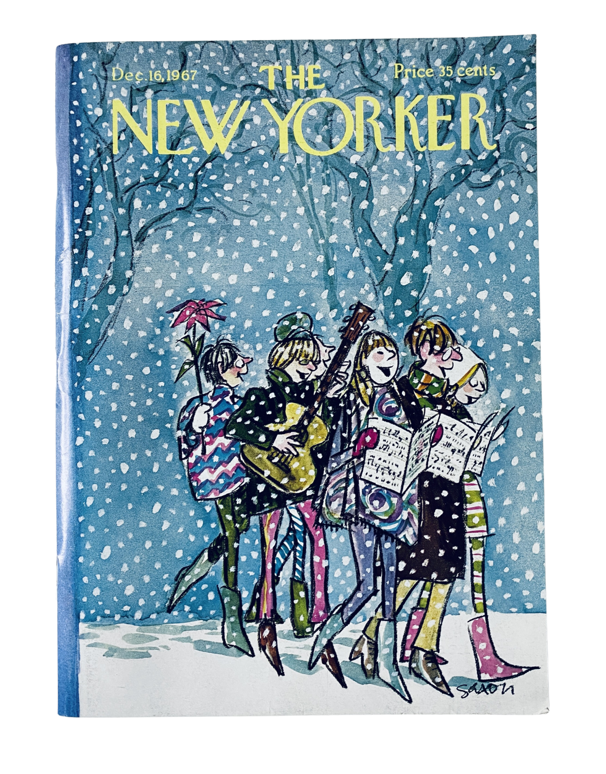 The New Yorker Magazine December 16, 1967, featuring winter carolers on the cover amidst a snowy background, illustrated by C. Saxon, in very good condition.