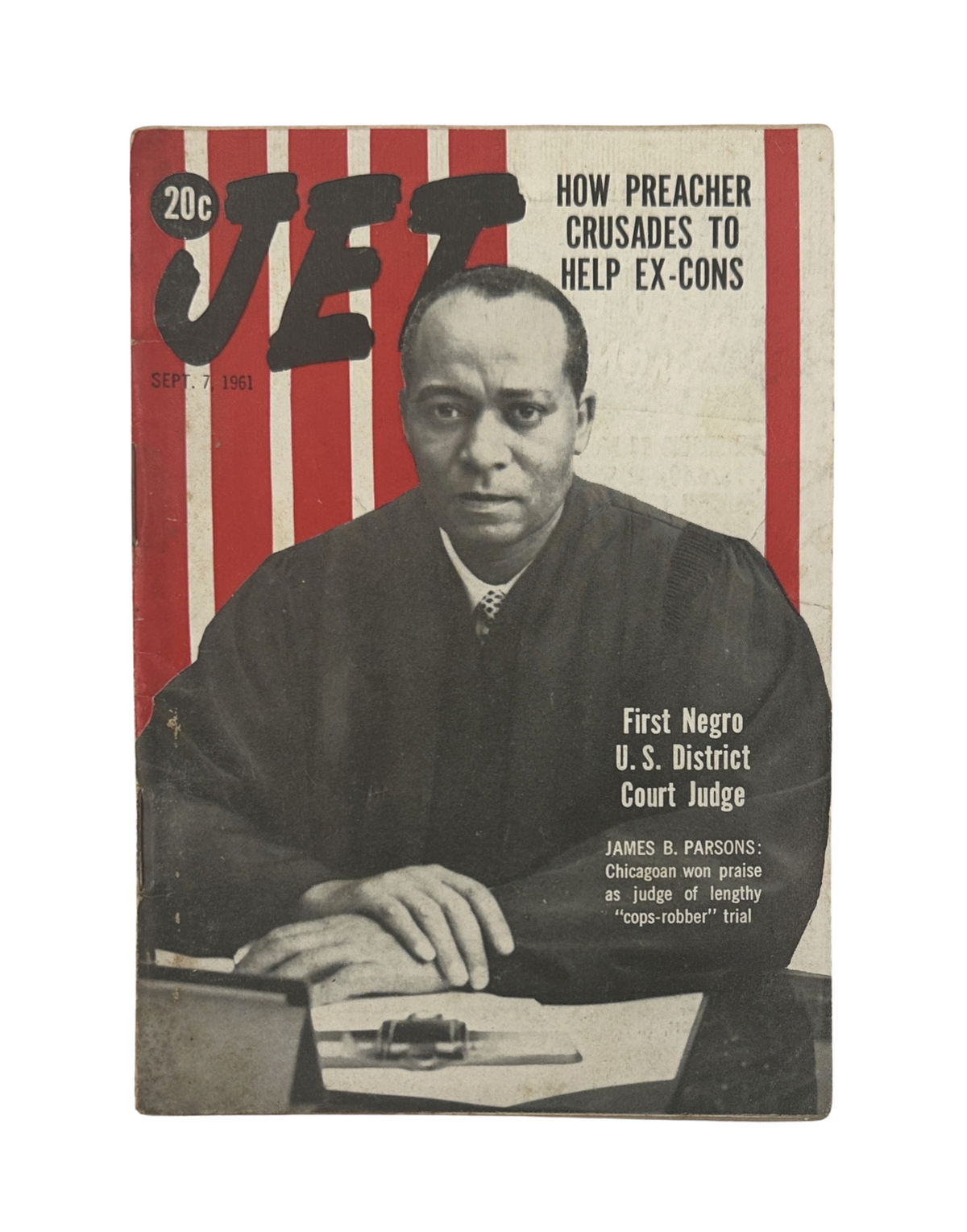 Jet Magazine cover from September 7, 1961 featuring James B. Parsons, the first Negro U.S. District Judge, highlighting his role in helping ex-convicts.